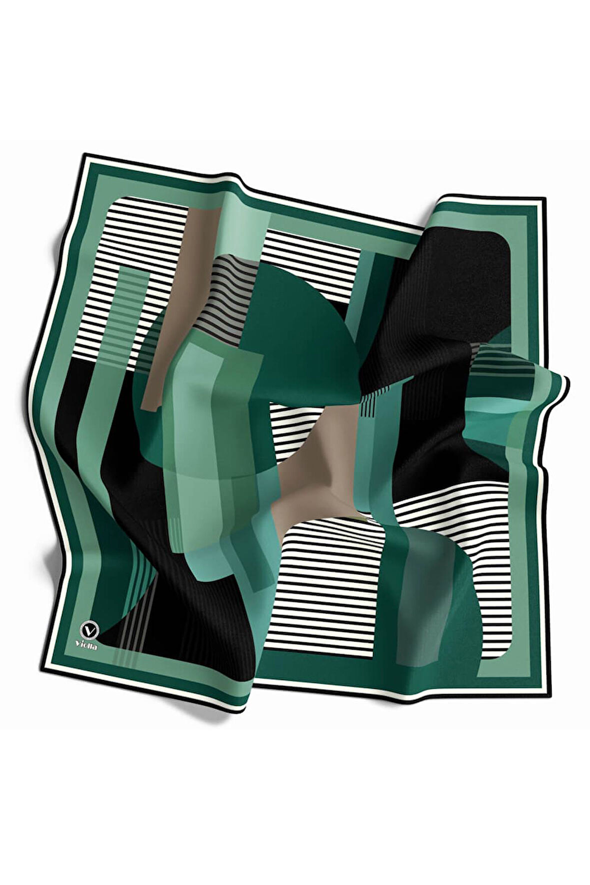 Twill Çizgili Ve Geometrik Desenli  Petrol Yeşili Renkli 90x90 Eşarp (İpek İçermez) Kenar Dikiş Şekli El Dikişli