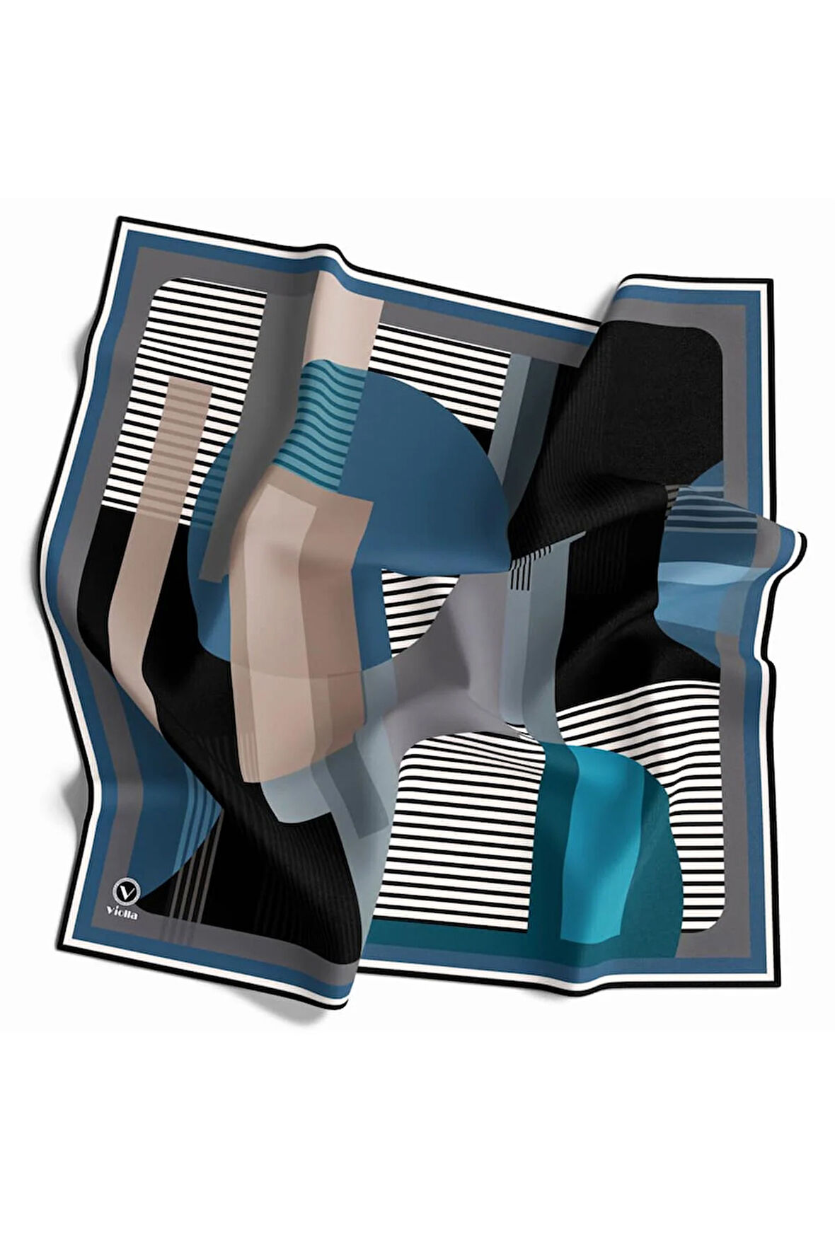 Twill Çizgili Ve Geometrik Desenli  Petrol Mavisi Renkli 90x90 Eşarp (İpek İçermez) Kenar Dikiş Şekli El Dikişli