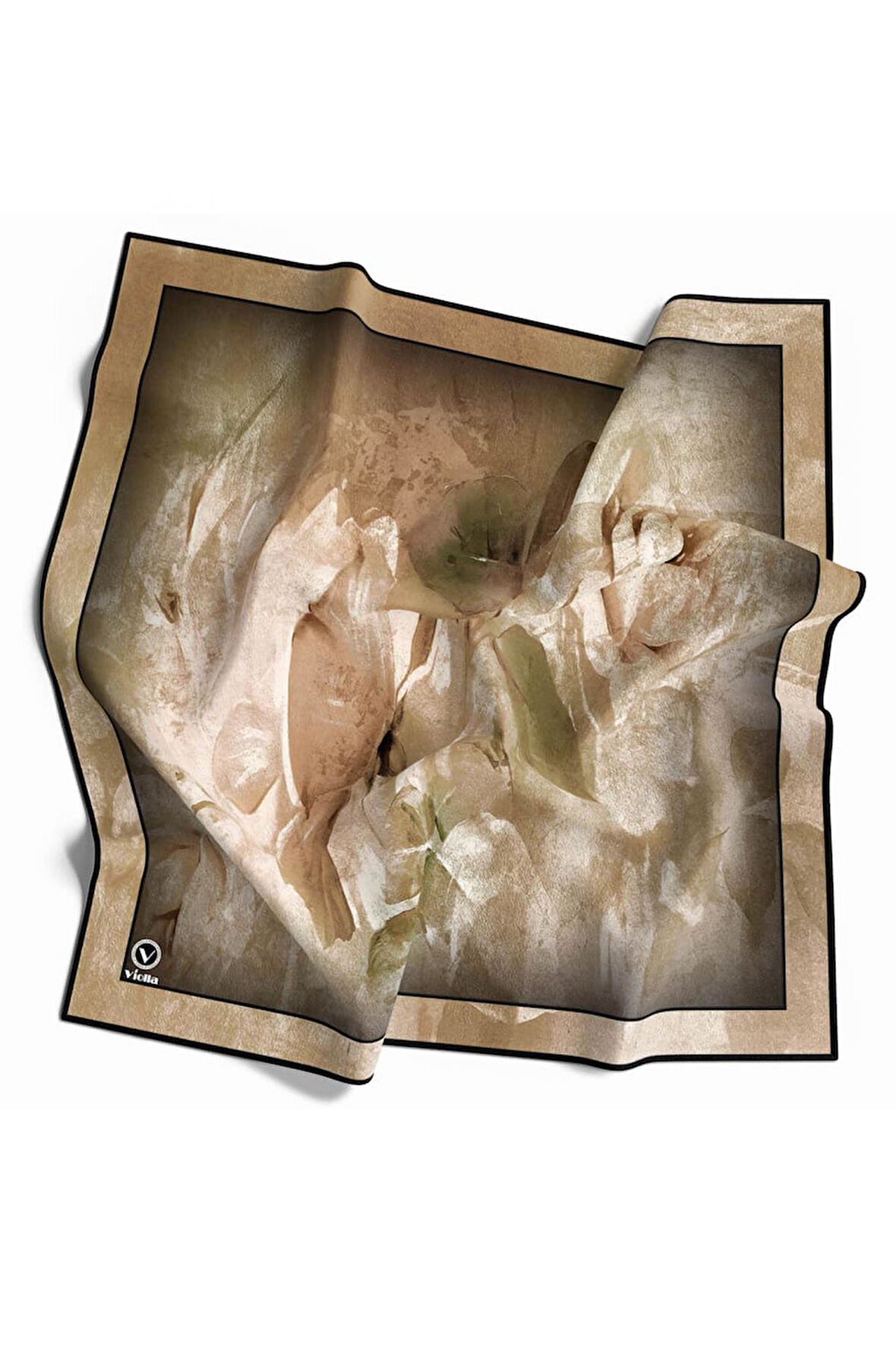 Twill Sulu Boyalı Çiçek Desenli Bej Renkli 90x90 Eşarp (İpek İçermez) Kenar Dikiş Şekli El Dikişli