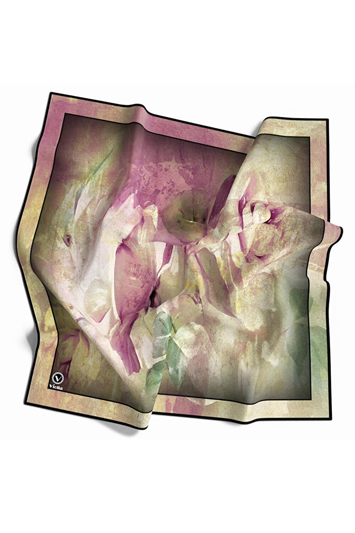 Twill Sulu Boyalı Çiçek Desenli Pembe Renkli 90x90 Eşarp (İpek İçermez) Kenar Dikiş Şekli El Dikişli