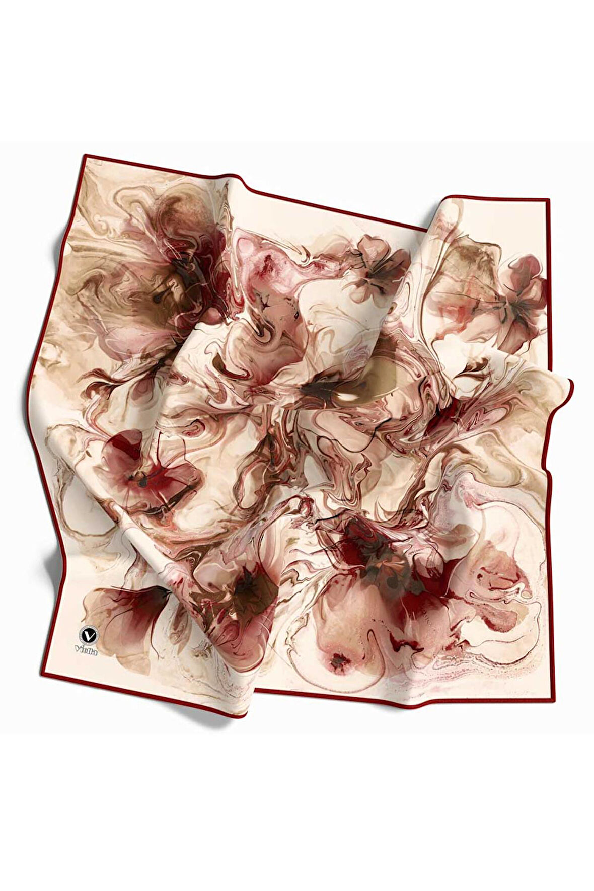 Twill Soyut Desenli Bordo Renkli 90x90 Eşarp (İpek İçermez) Kenar Dikiş Şekli El Dikişli