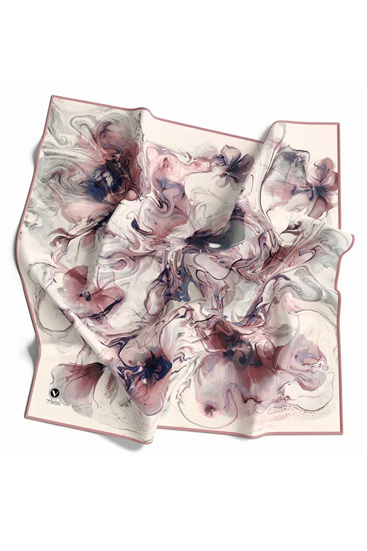 Twill Soyut Desenli Pudra Renkli 90x90 Eşarp (İpek İçermez) Kenar Dikiş Şekli El Dikişli