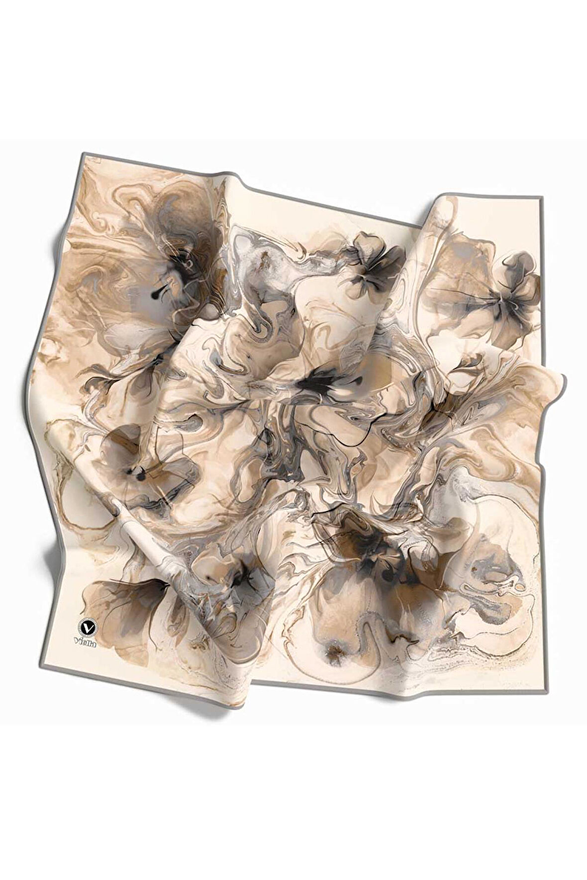 Twill Soyut Desenli Gri Renkli 90x90 Eşarp (İpek İçermez) Kenar Dikiş Şekli El Dikişli