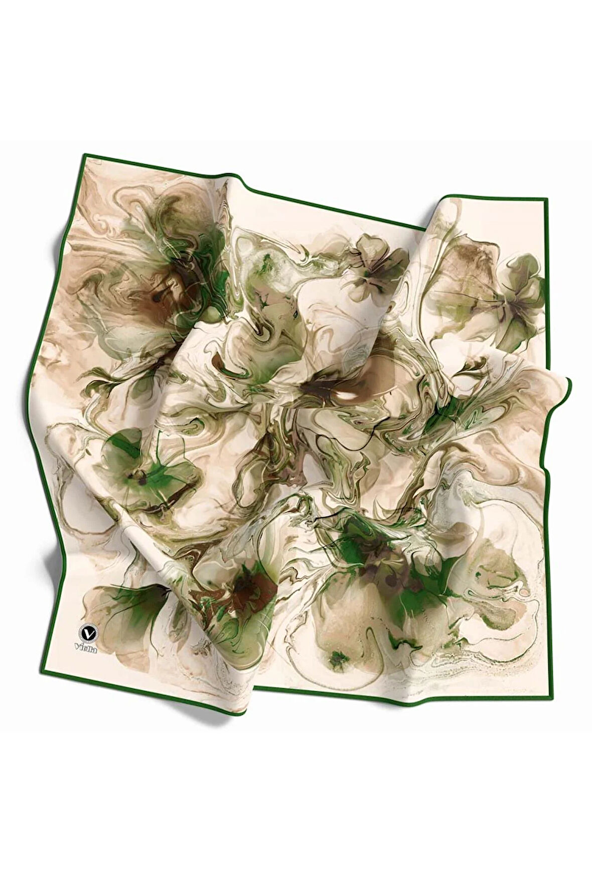 Twill Soyut Desenli Zümrüt Yeşili Renkli 90x90 Eşarp (İpek İçermez) Kenar Dikiş Şekli El Dikişli