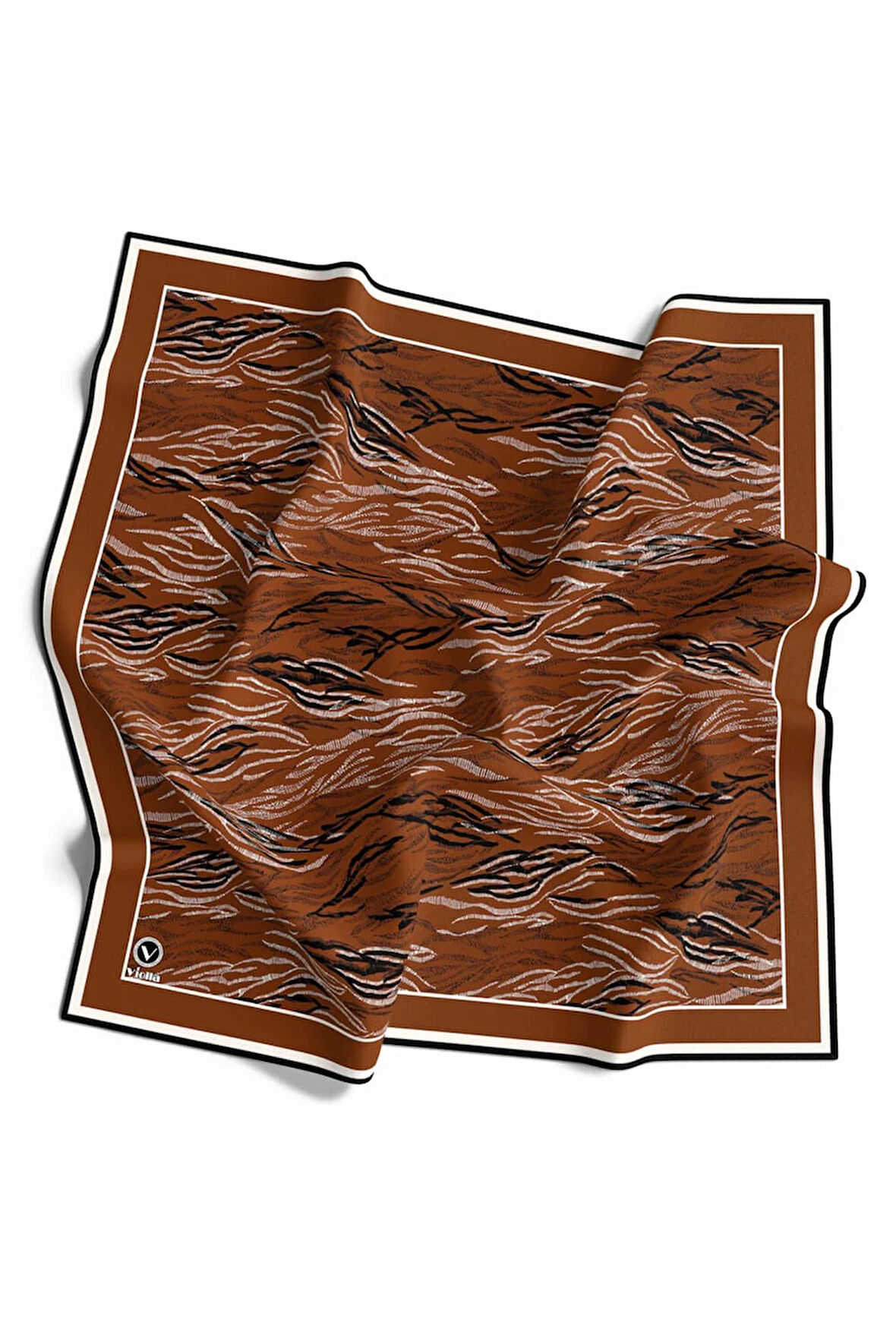 Twill Soyut Çizgi Desenli Taba Renkli 90x90 Eşarp (İpek İçermez) Kenar Dikiş Şekli El Dikişli