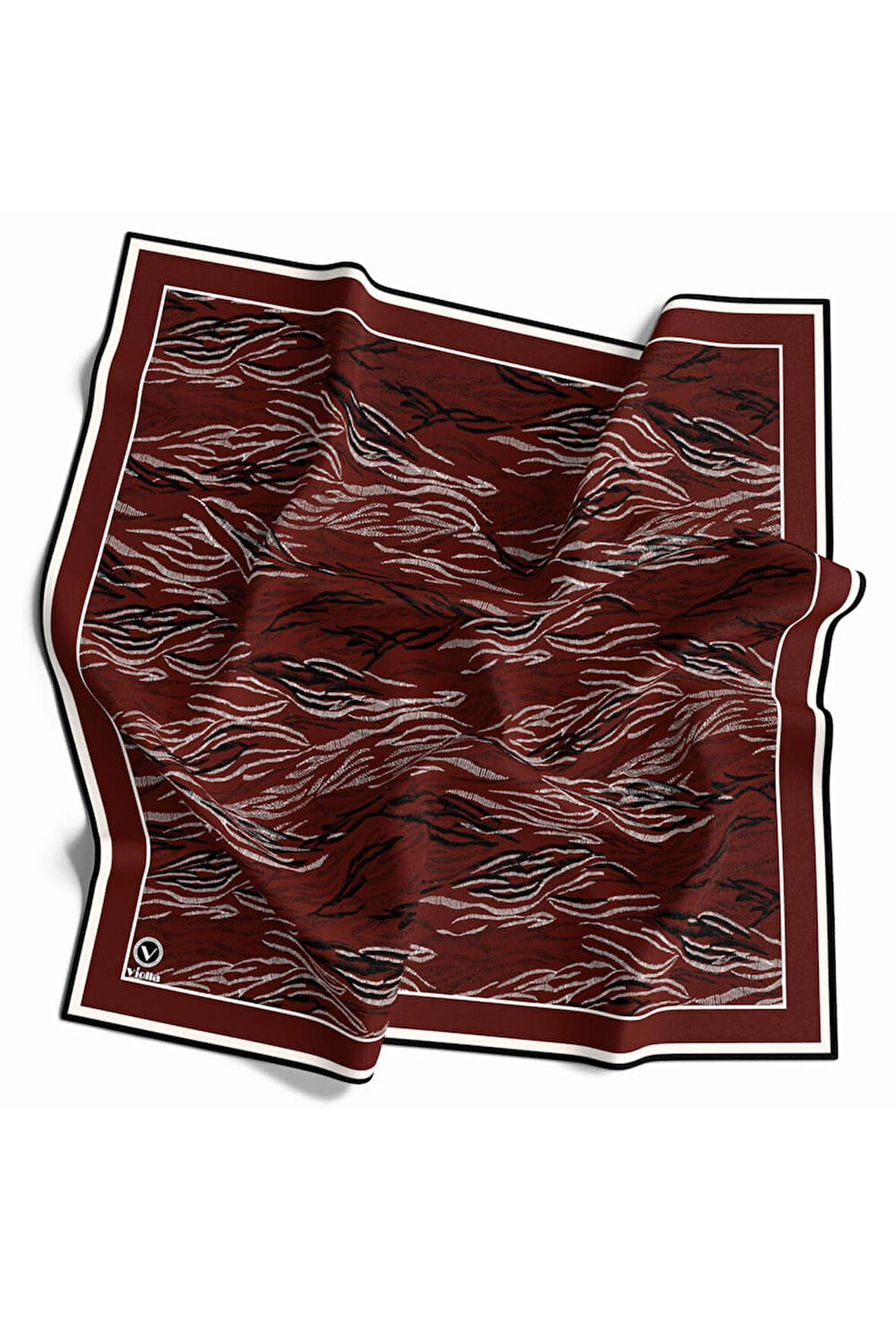 Twill Soyut Çizgi Desenli Bordo Renkli 90x90 Eşarp (İpek İçermez) Kenar Dikiş Şekli El Dikişli