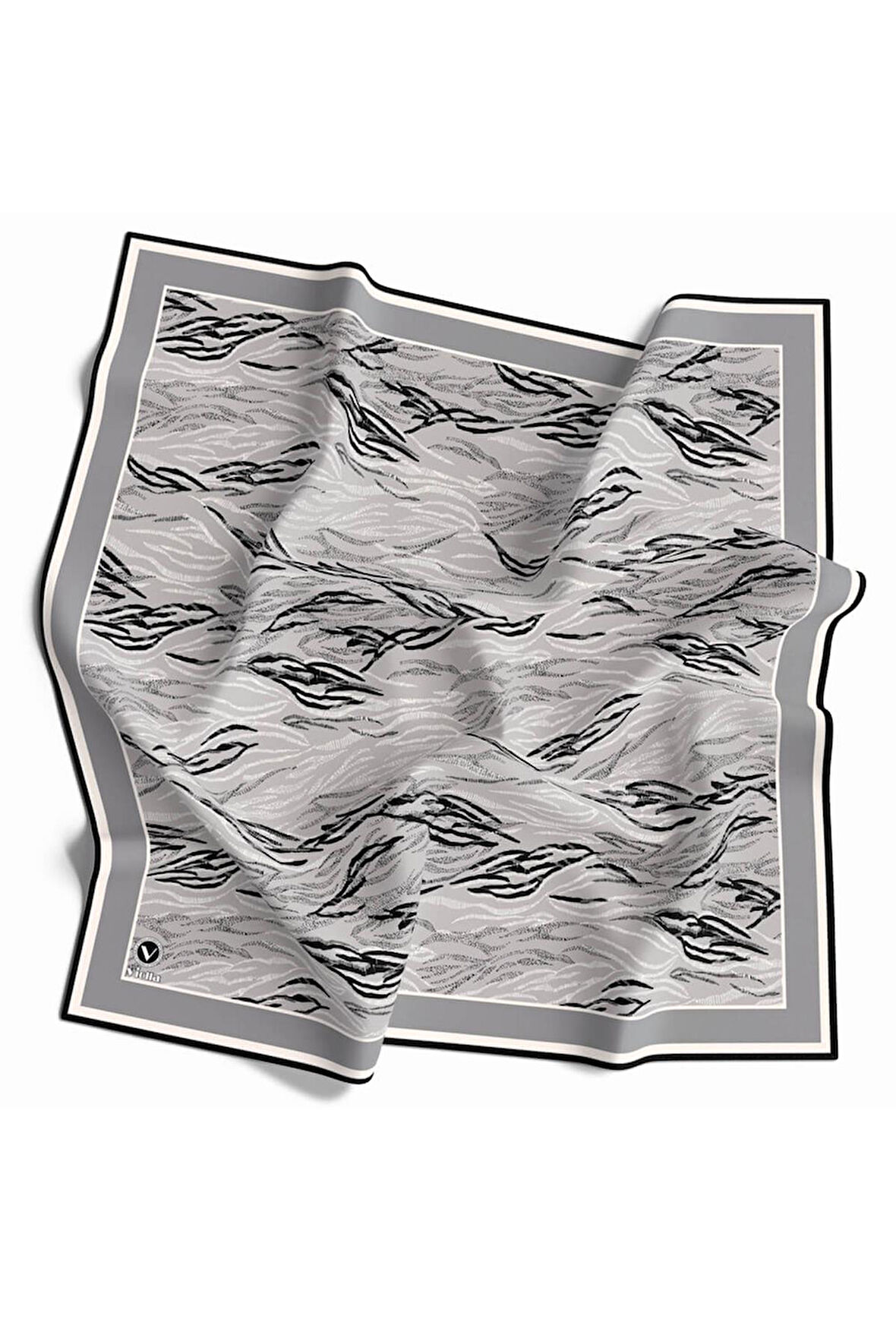 Twill Soyut Çizgi Desenli Gri Renkli 90x90 Eşarp (İpek İçermez) Kenar Dikiş Şekli El Dikişli