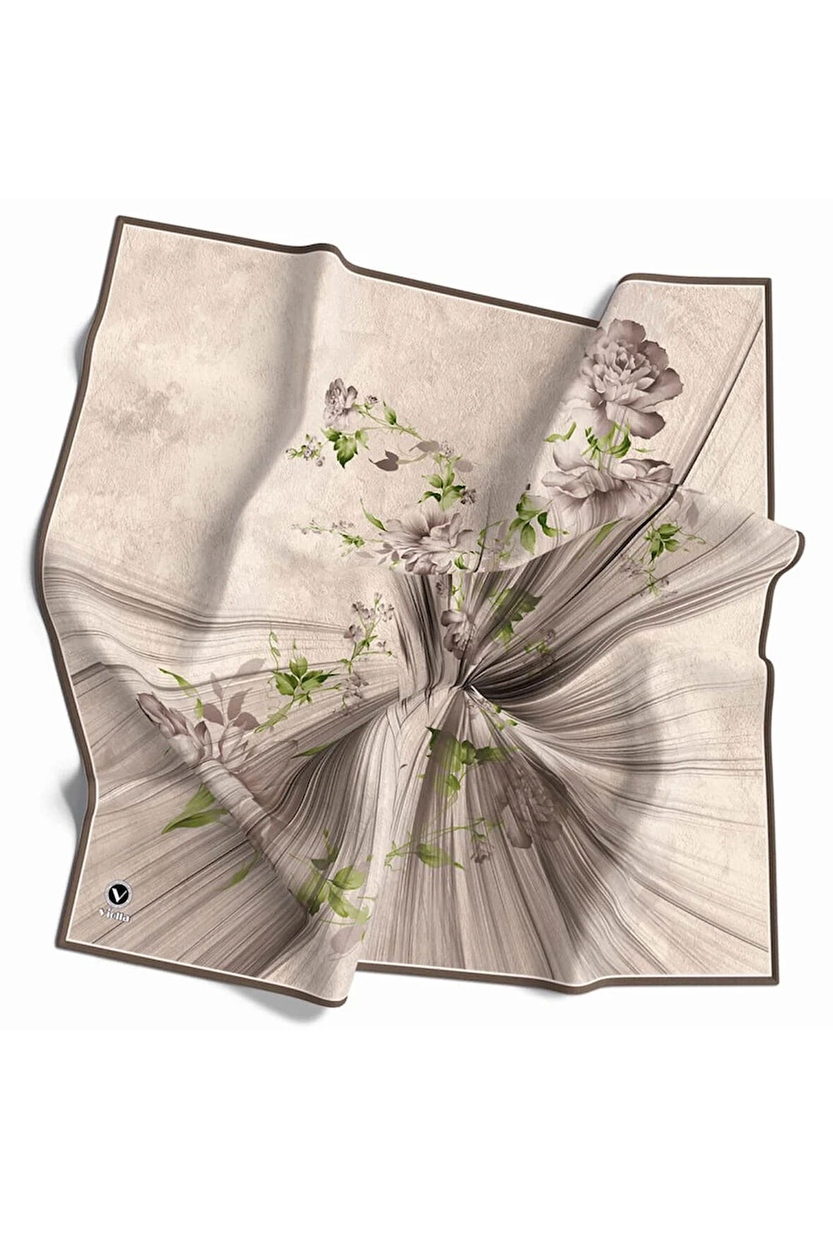 Twill Çiçekli Desenli Taş Renkli 90x90 Eşarp (İpek İçermez) Kenar Dikiş Şekli El Dikişli