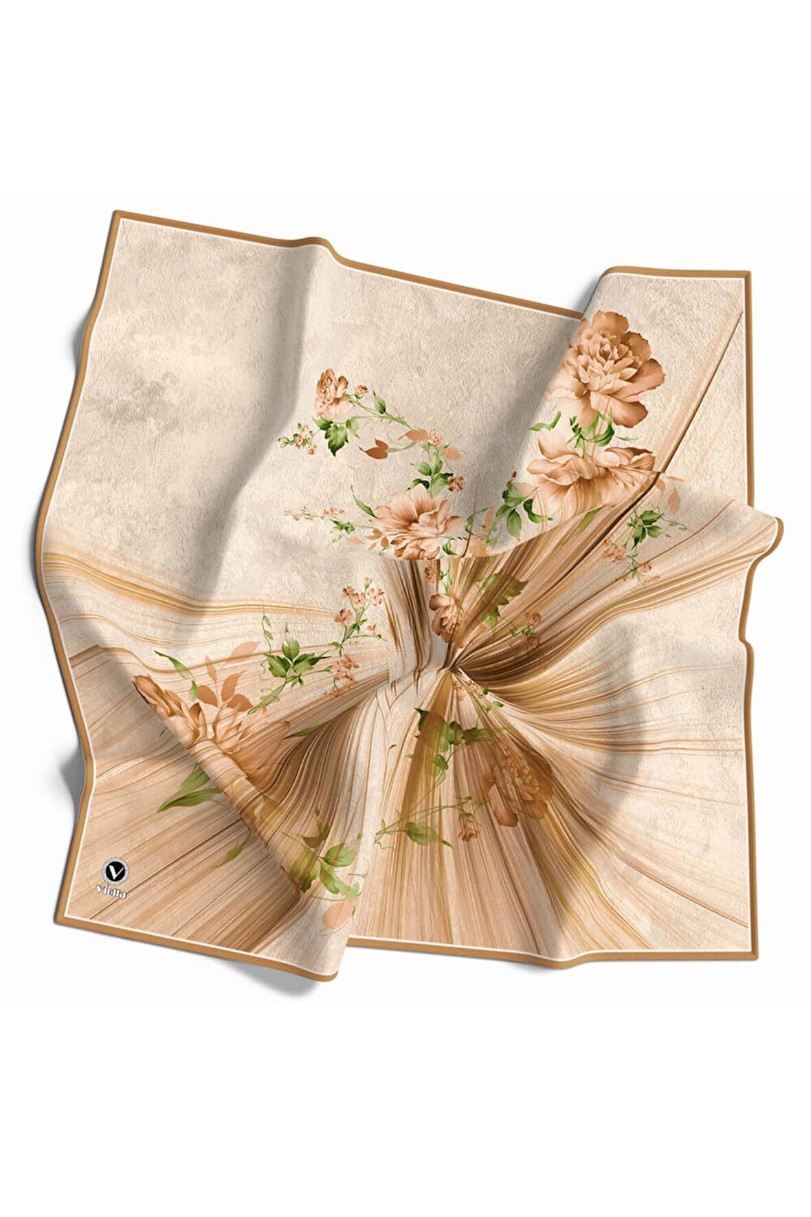 Twill Çiçekli Desenli Hardal Renkli 90x90 Eşarp (İpek İçermez) Kenar Dikiş Şekli El Dikişli