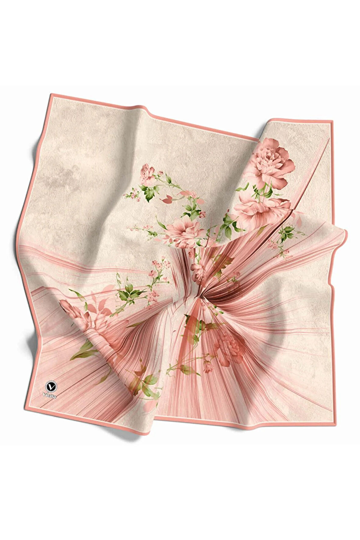 Twill Çiçekli Desenli Somon Renkli 90x90 Eşarp (İpek İçermez) Kenar Dikiş Şekli El Dikişli