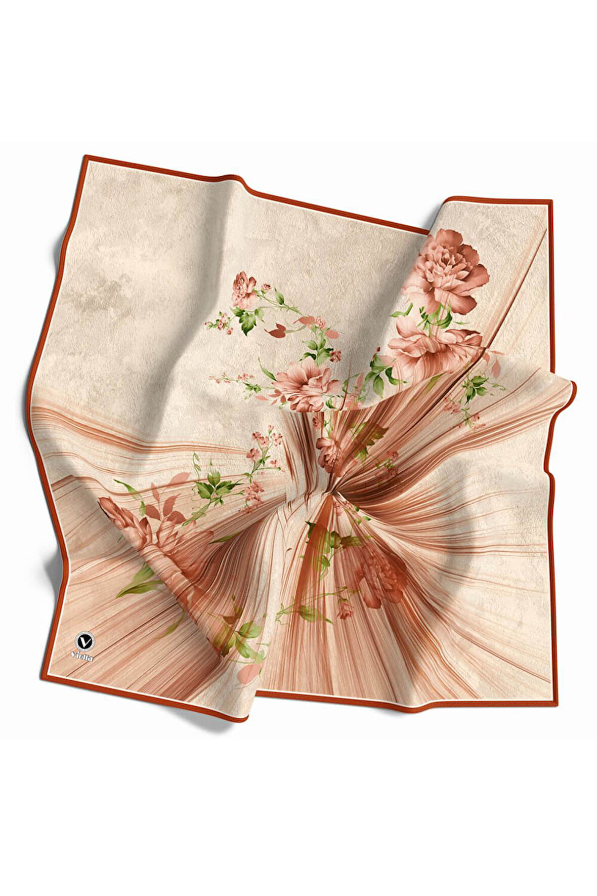 Twill Çiçekli Desenli Taba Renkli 90x90 Eşarp (İpek İçermez) Kenar Dikiş Şekli El Dikişli