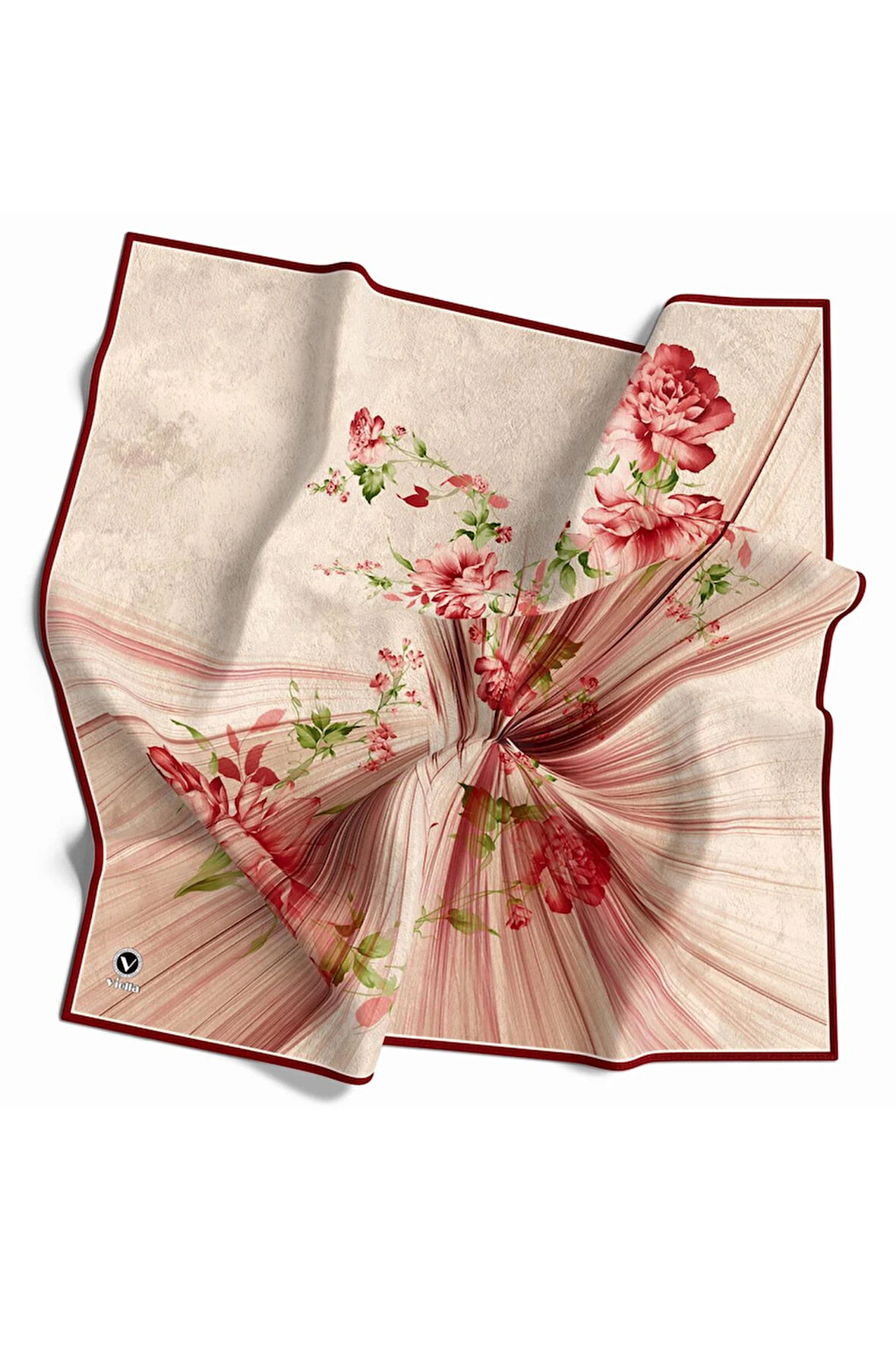 Twill Çiçekli Desenli Bordo Renkli 90x90 Eşarp (İpek İçermez) Kenar Dikiş Şekli El Dikişli