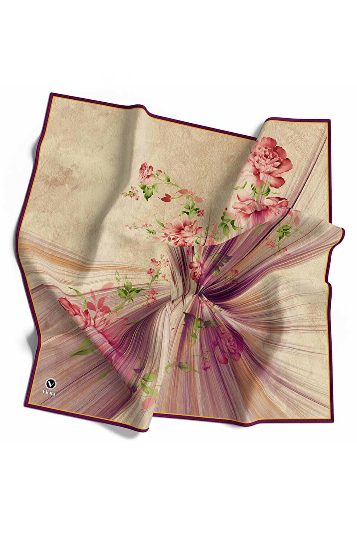 Twill Çiçekli Desenli Mürdüm Renkli 90x90 Eşarp (İpek İçermez) Kenar Dikiş Şekli El Dikişli