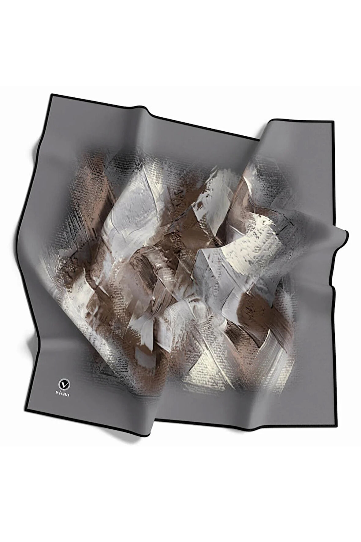 Twill Fırça Efektli Desenli Gri Renkli 90x90 Eşarp (İpek İçermez) Kenar Dikiş Şekli El Dikişli