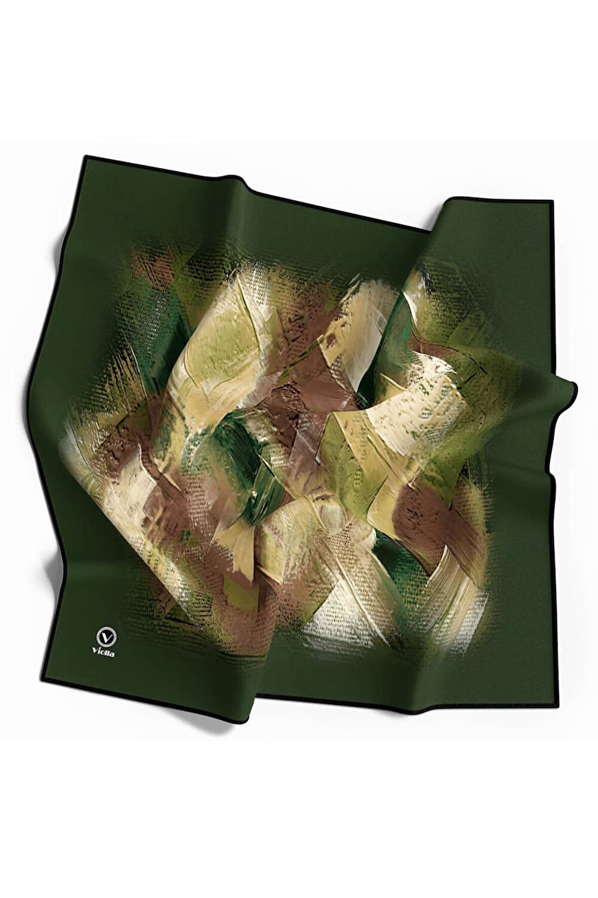 Twill Fırça Efektli Desenli Zümrüt Yeşili Renkli 90x90 Eşarp (İpek İçermez) Kenar Dikiş Şekli El Dikişli