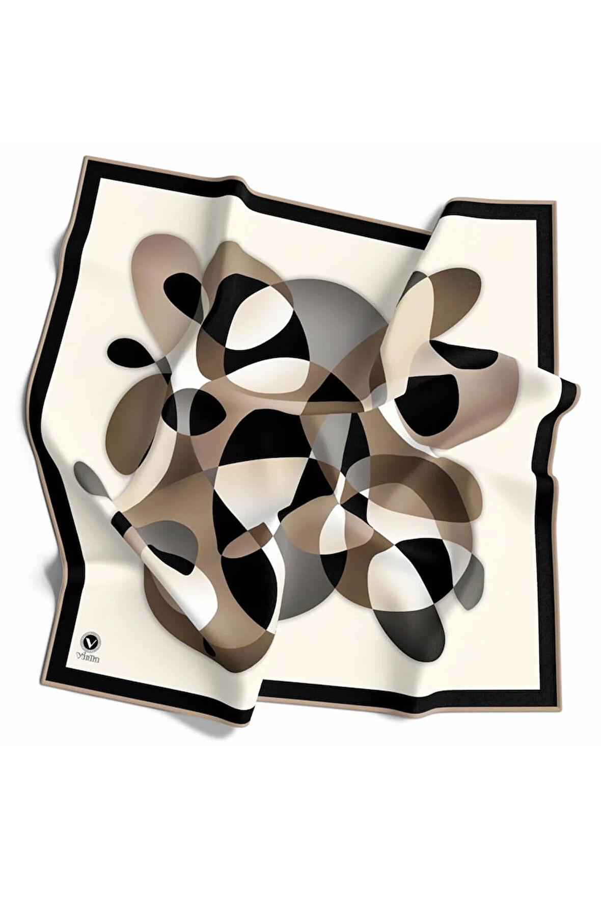 Twill Geometrik Desenli Bej Renkli 90x90 Eşarp (İpek İçermez) Kenar Dikiş Şekli El Dikişli