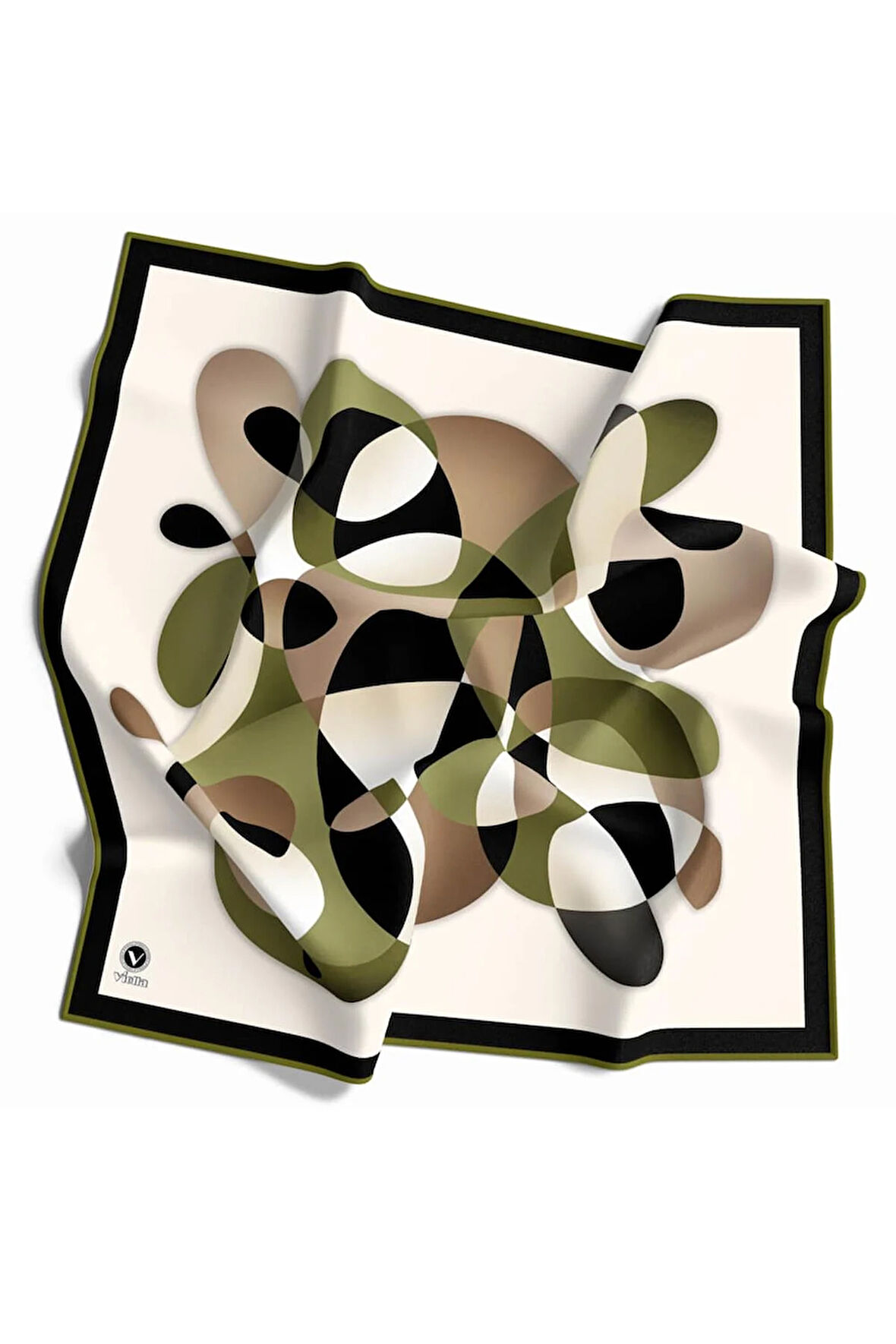 Twill Geometrik Desenli Haki Renkli 90x90 Eşarp (İpek İçermez) Kenar Dikiş Şekli El Dikişli