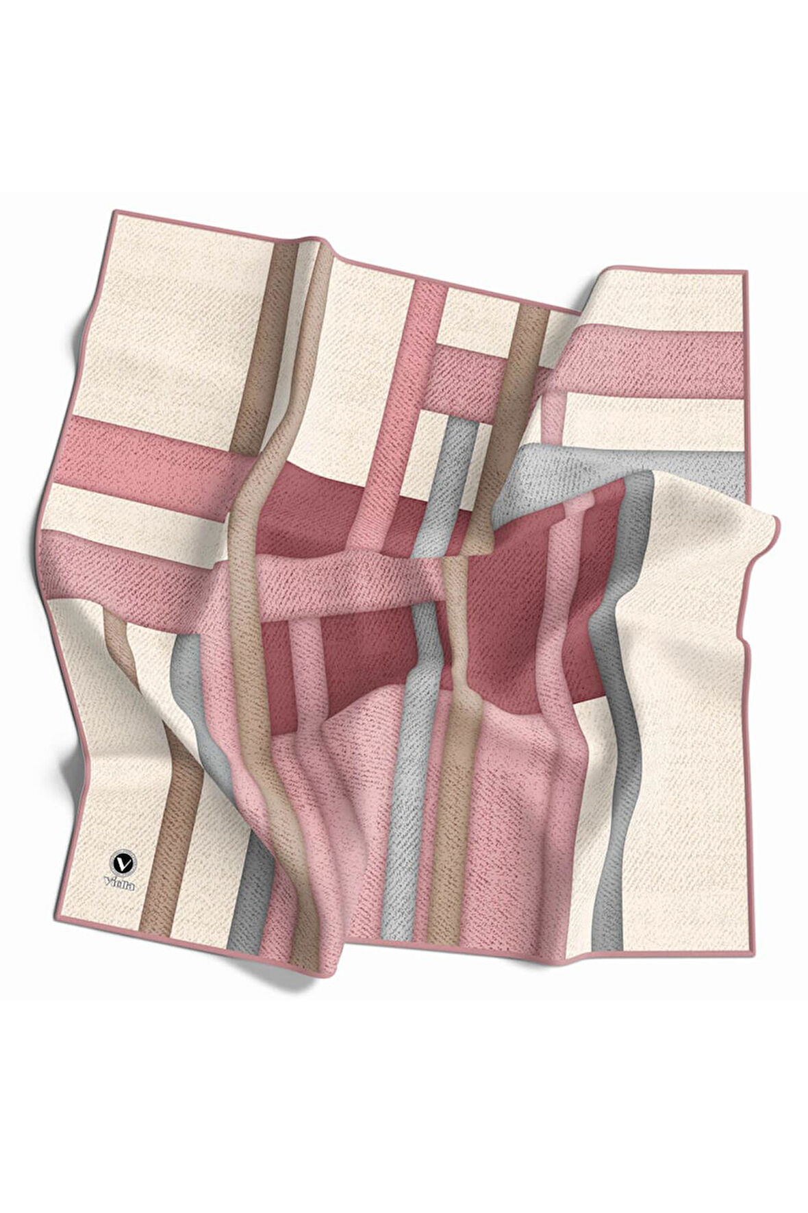 Twill Renkli Şerit Desenli Pudra Renkli 90x90 Eşarp (İpek İçermez) Kenar Dikiş Şekli El Dikişli