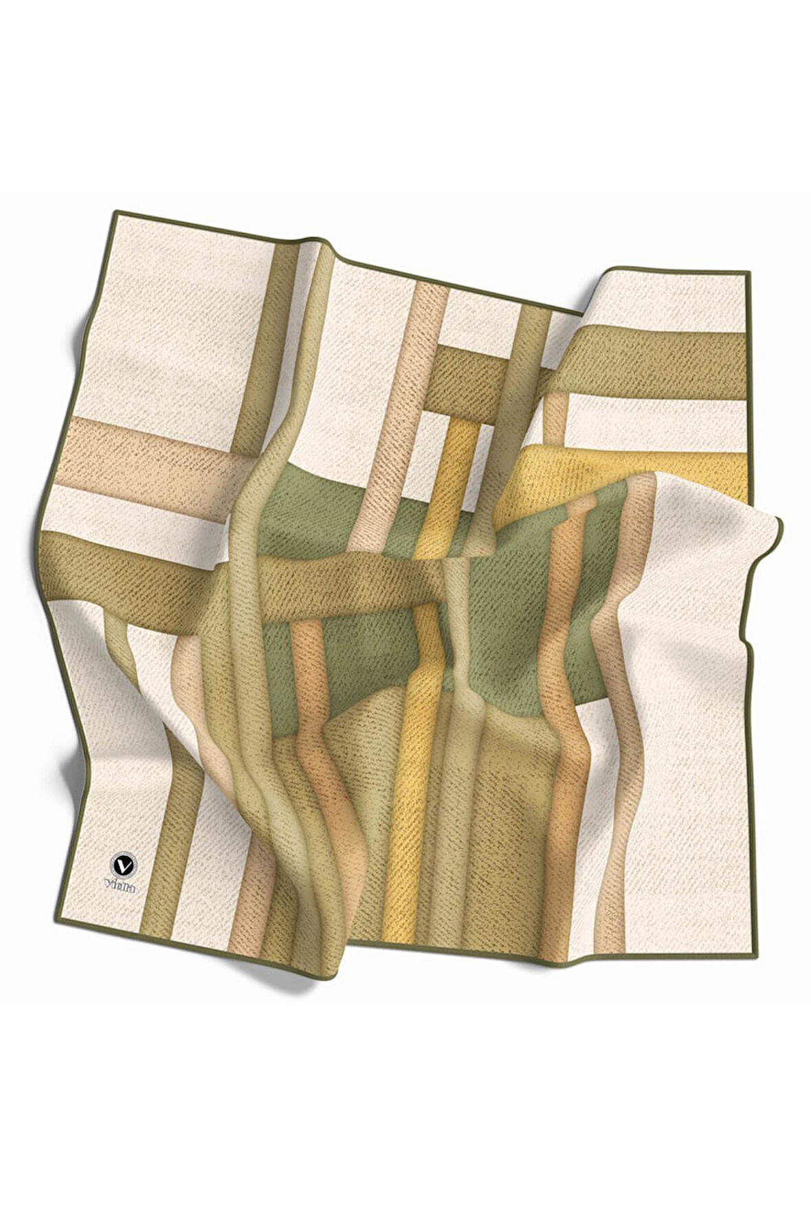 Twill Renkli Şerit Desenli Haki Renkli 90x90 Eşarp (İpek İçermez) Kenar Dikiş Şekli El Dikişli