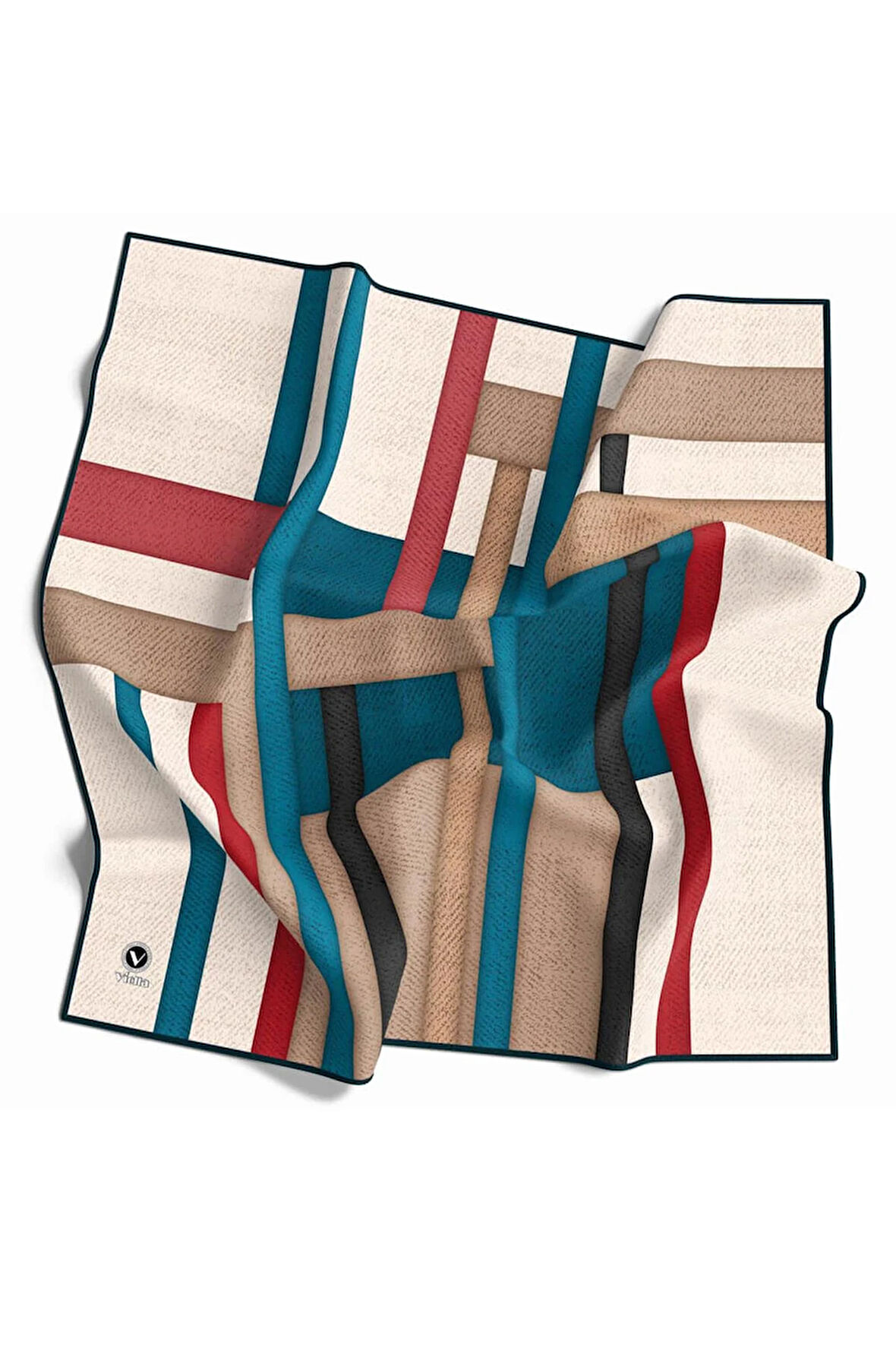 Twill Renkli Şerit Desenli Petrol Mavisi Renkli 90x90 Eşarp (İpek İçermez) Kenar Dikiş Şekli El Dikişli