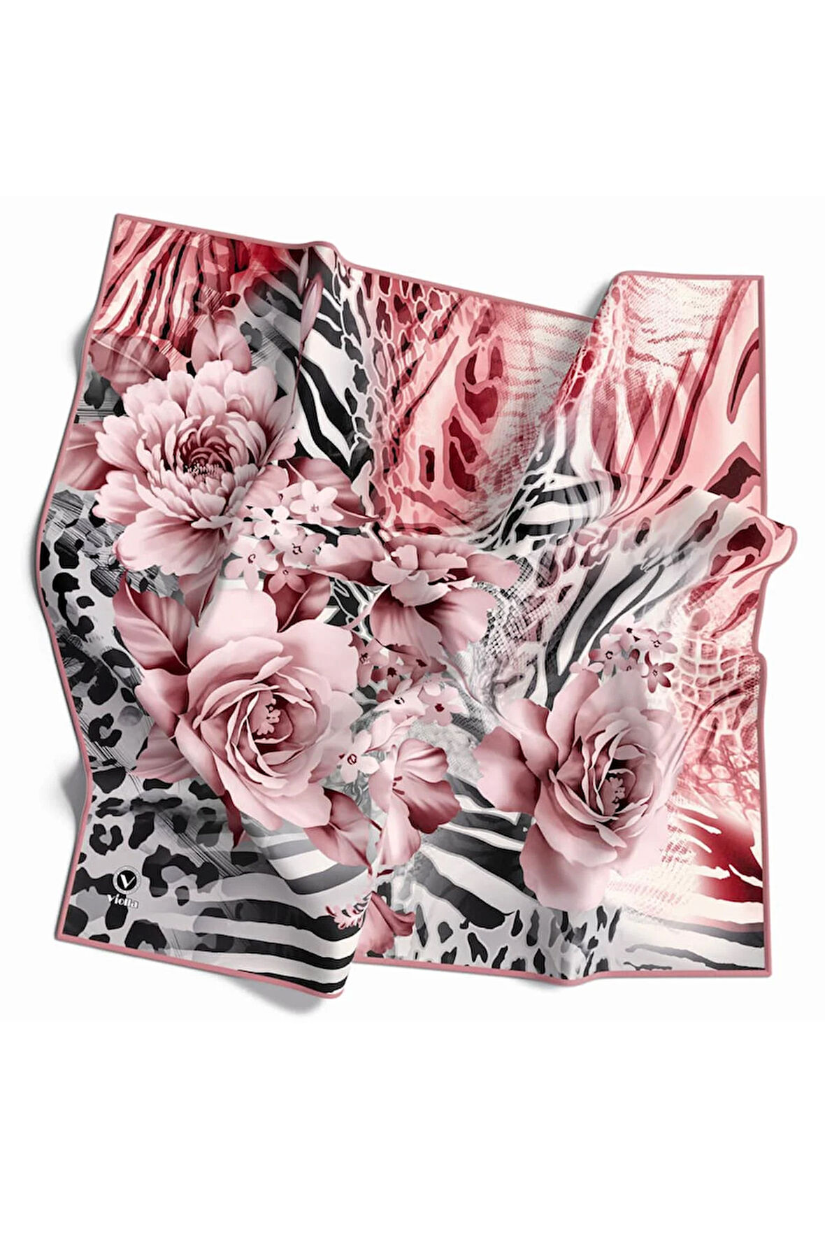 Twill Renkli Şerit Desenli Pudra Renkli 90x90 Eşarp (İpek İçermez) Kenar Dikiş Şekli El Dikişli