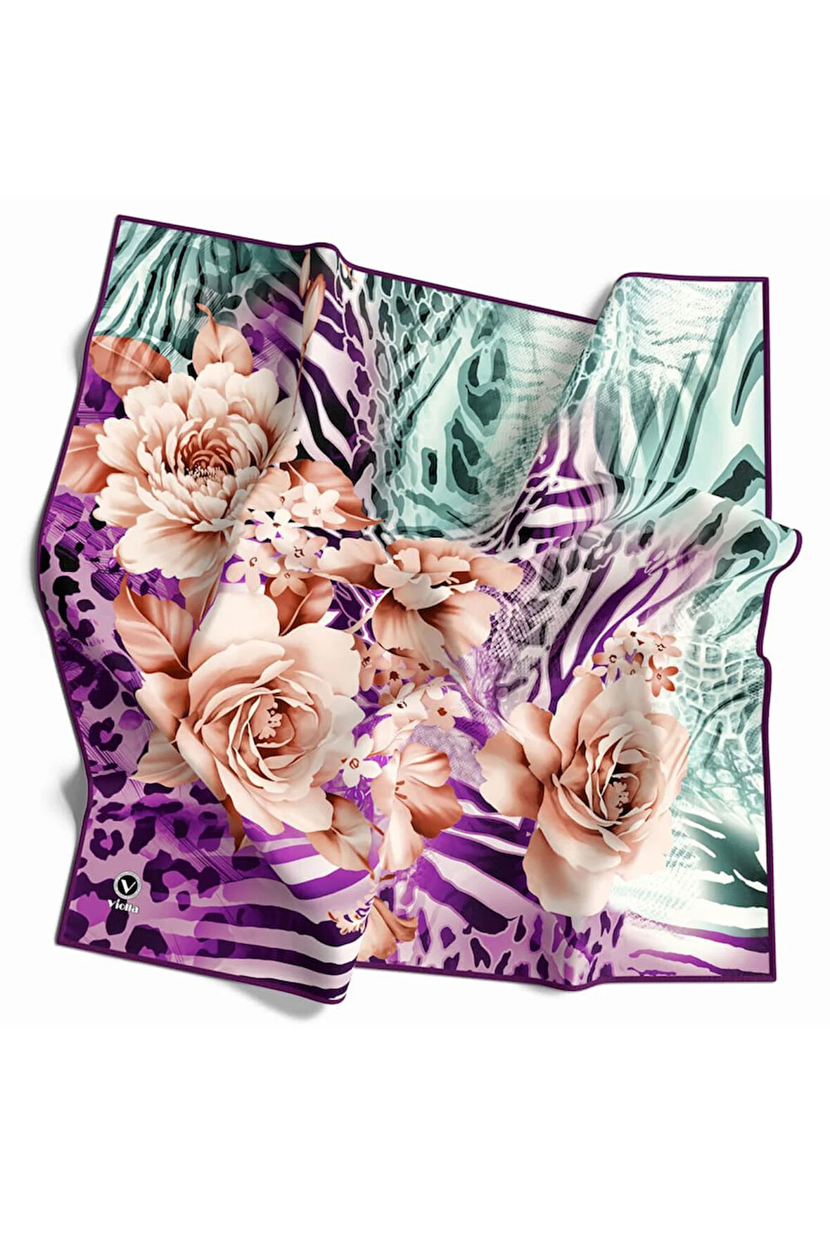 Twill Renkli Şerit Desenli Mor Renkli 90x90 Eşarp (İpek İçermez) Kenar Dikiş Şekli El Dikişli