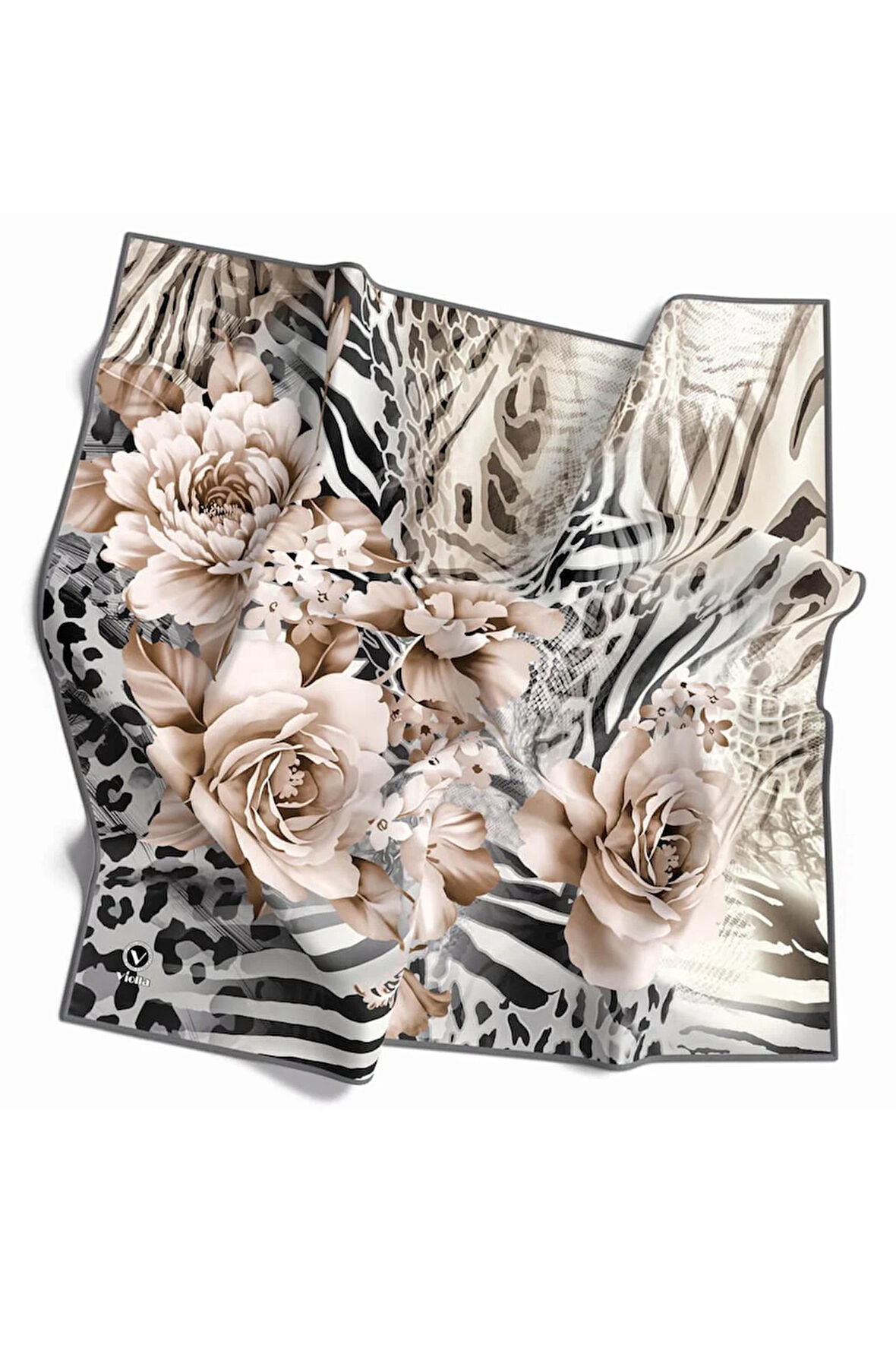 Twill Renkli Şerit Desenli Gri Renkli 90x90 Eşarp (İpek İçermez) Kenar Dikiş Şekli El Dikişli