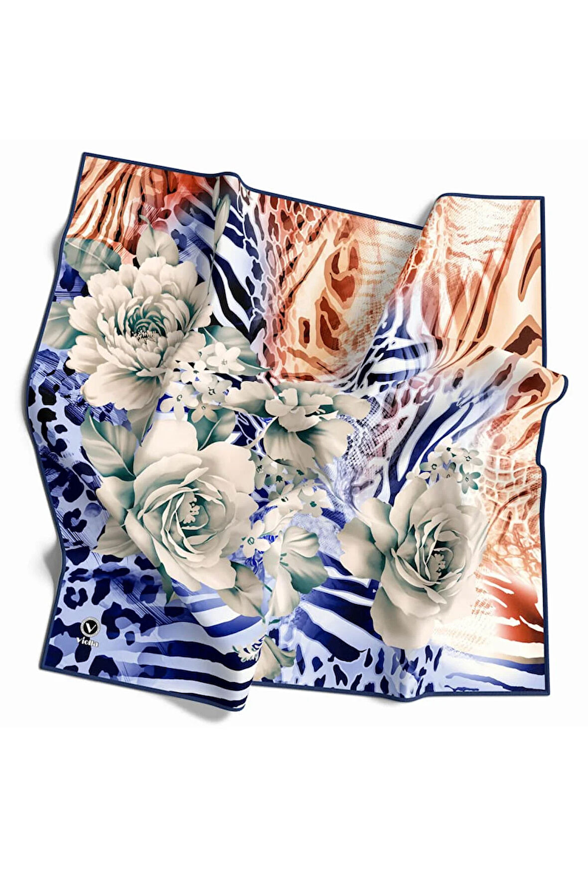 Twill Renkli Şerit Desenli İndigo - Taba  Renkli 90x90 Eşarp (İpek İçermez) Kenar Dikiş Şekli El Dikişli