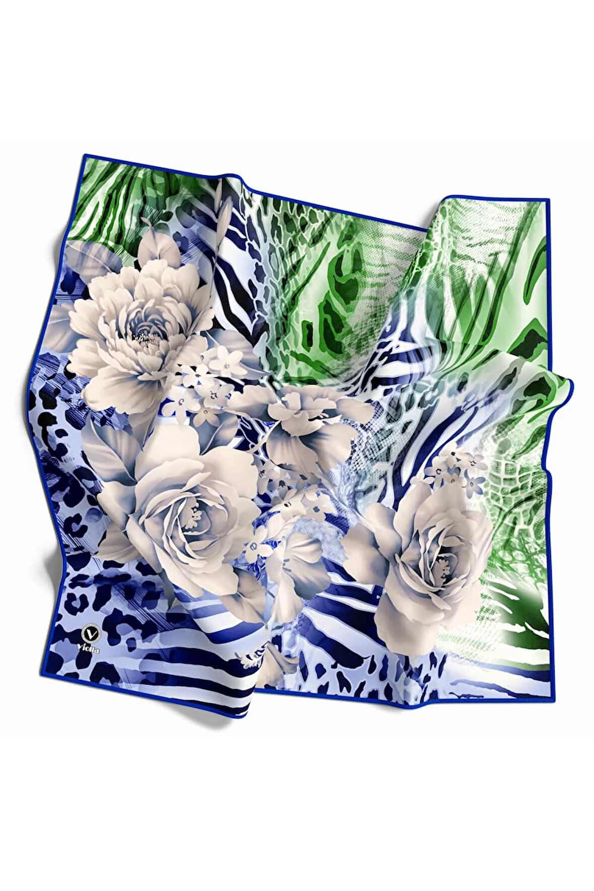 Twill Renkli Şerit Desenli Saks - Zümrüt Yeşili Renkli 90x90 Eşarp (İpek İçermez) Kenar Dikiş Şekli El Dikişli