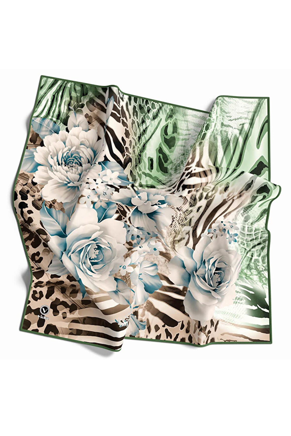 Twill Renkli Şerit Desenli Mint Yeşili - Bej Renkli 90x90 Eşarp (İpek İçermez) Kenar Dikiş Şekli El Dikişli