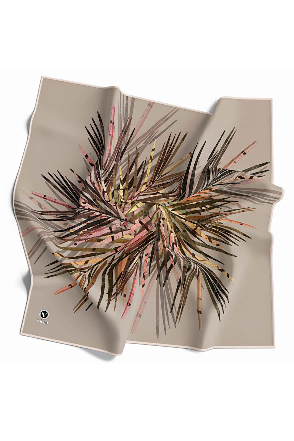 Twill Havai Fişek Desenli Bej Renkli 90x90 Eşarp (İpek İçermez) Kenar Dikiş Şekli El Dikişli