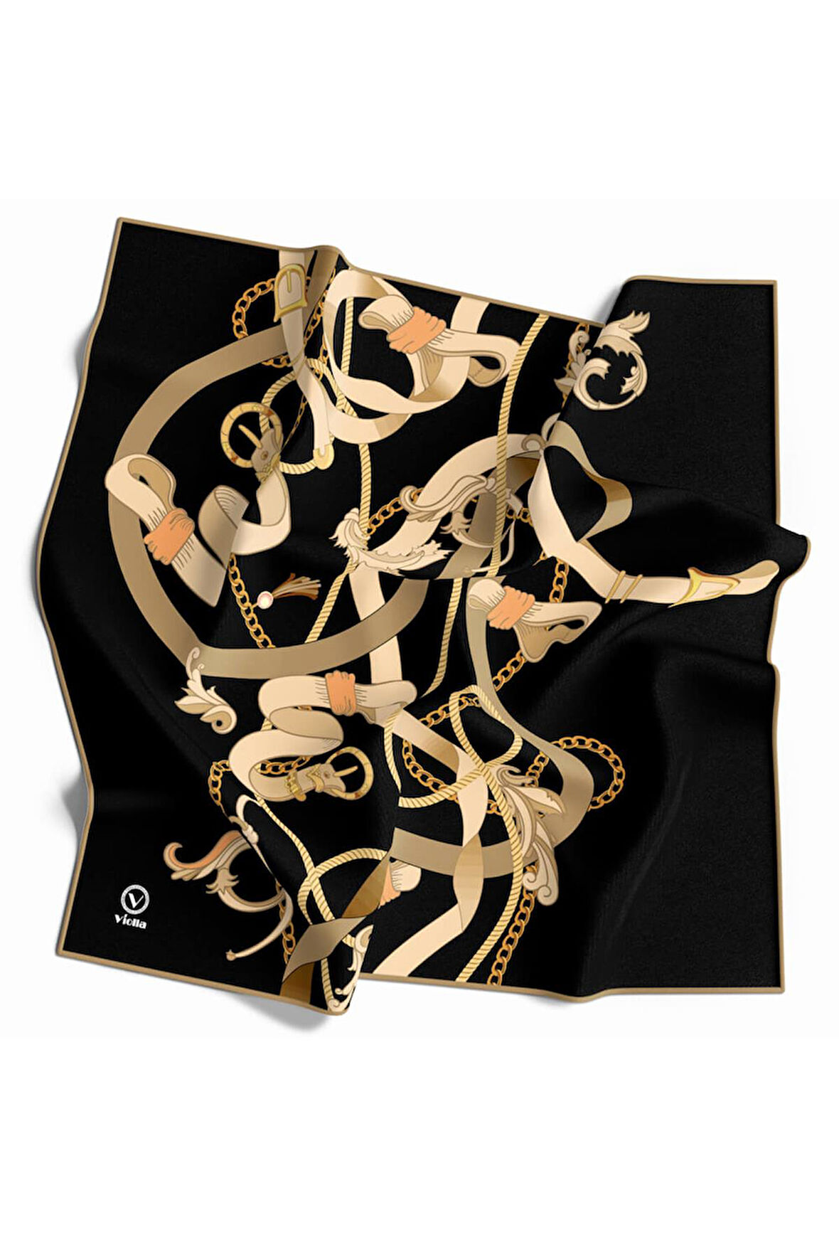 Twill Kemerli Ve Zincir Desenli Siyah Renkli 90x90 Eşarp (İpek İçermez) Kenar Dikiş Şekli El Dikişli