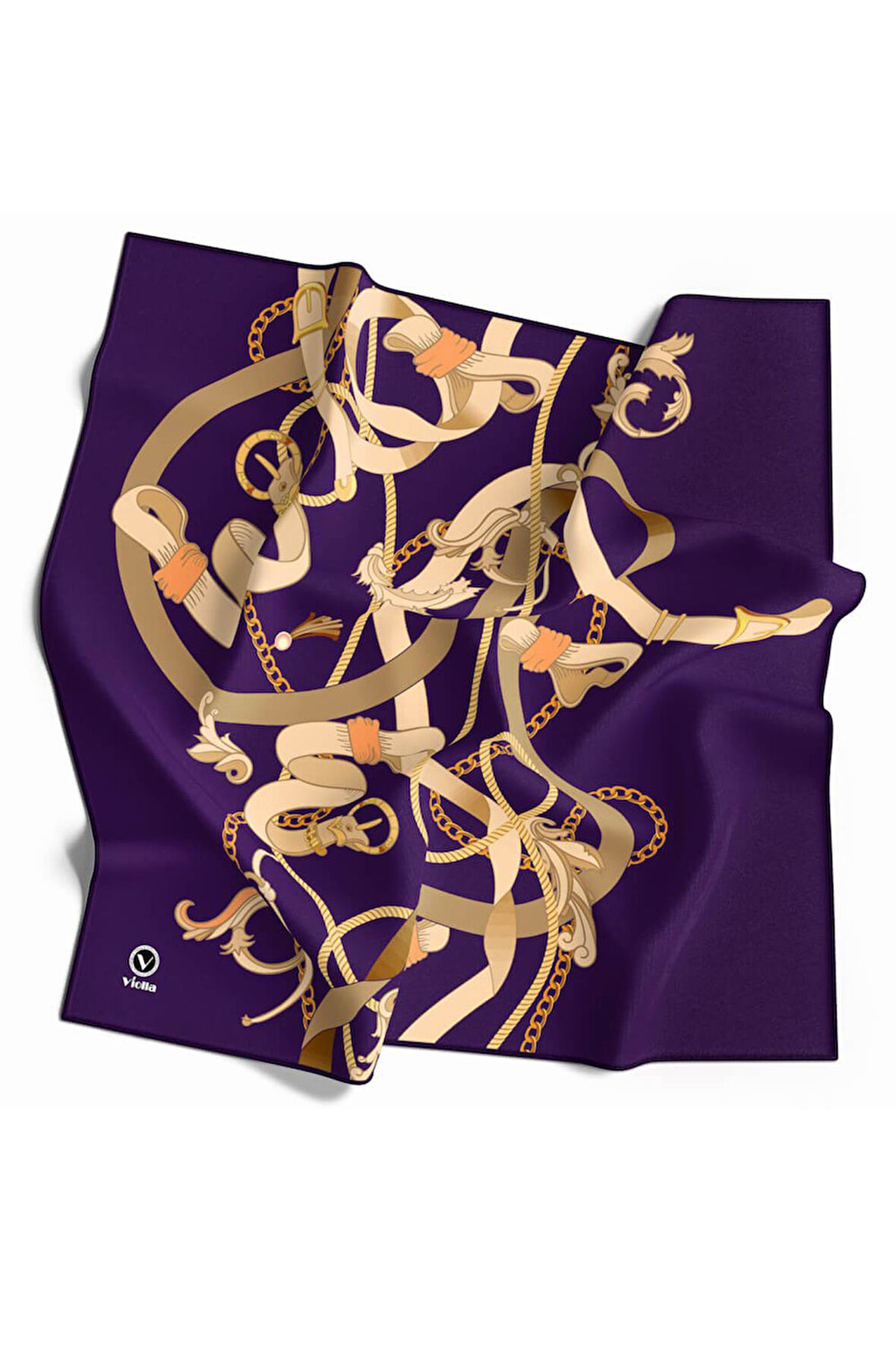 Twill Kemerli Ve Zincir Desenli Mor Renkli 90x90 Eşarp (İpek İçermez) Kenar Dikiş Şekli El Dikişli