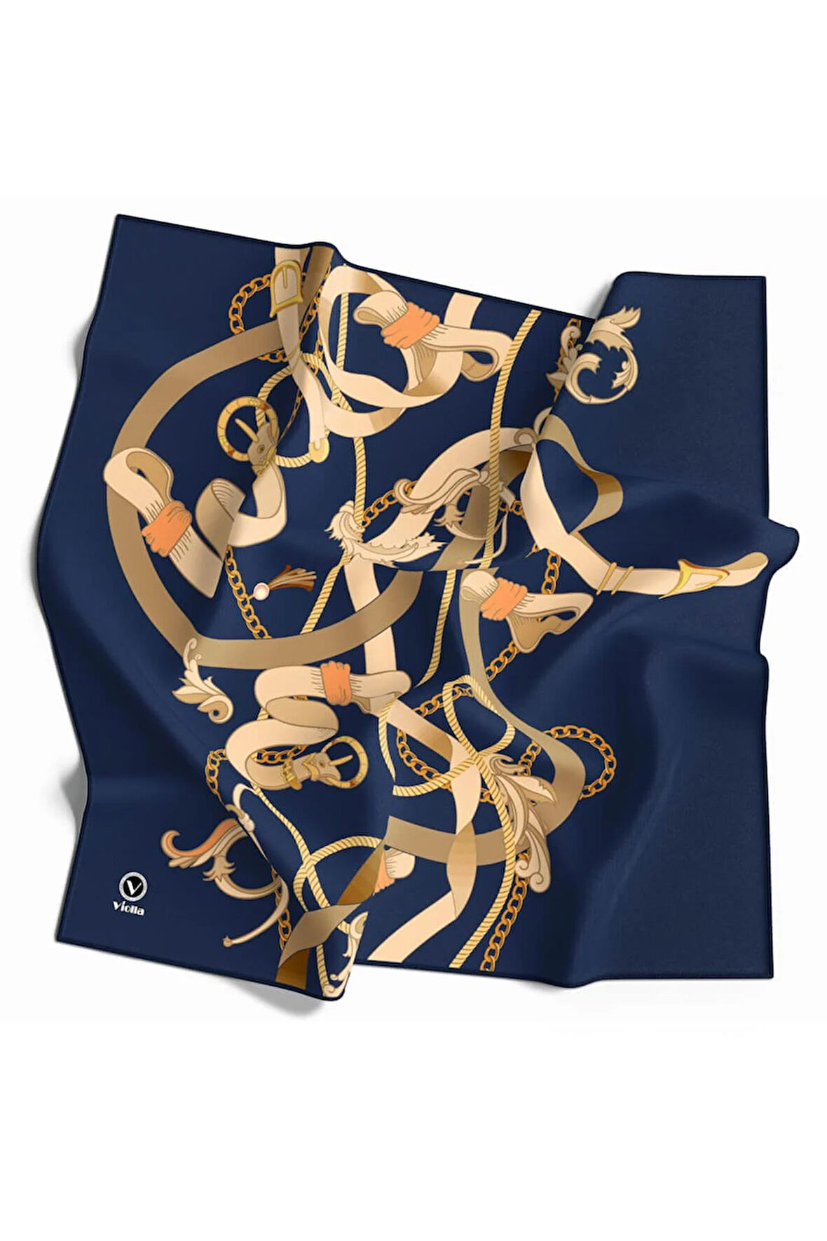 Twill Kemerli Ve Zincir Desenli İndigo Renkli 90x90 Eşarp (İpek İçermez) Kenar Dikiş Şekli El Dikişli