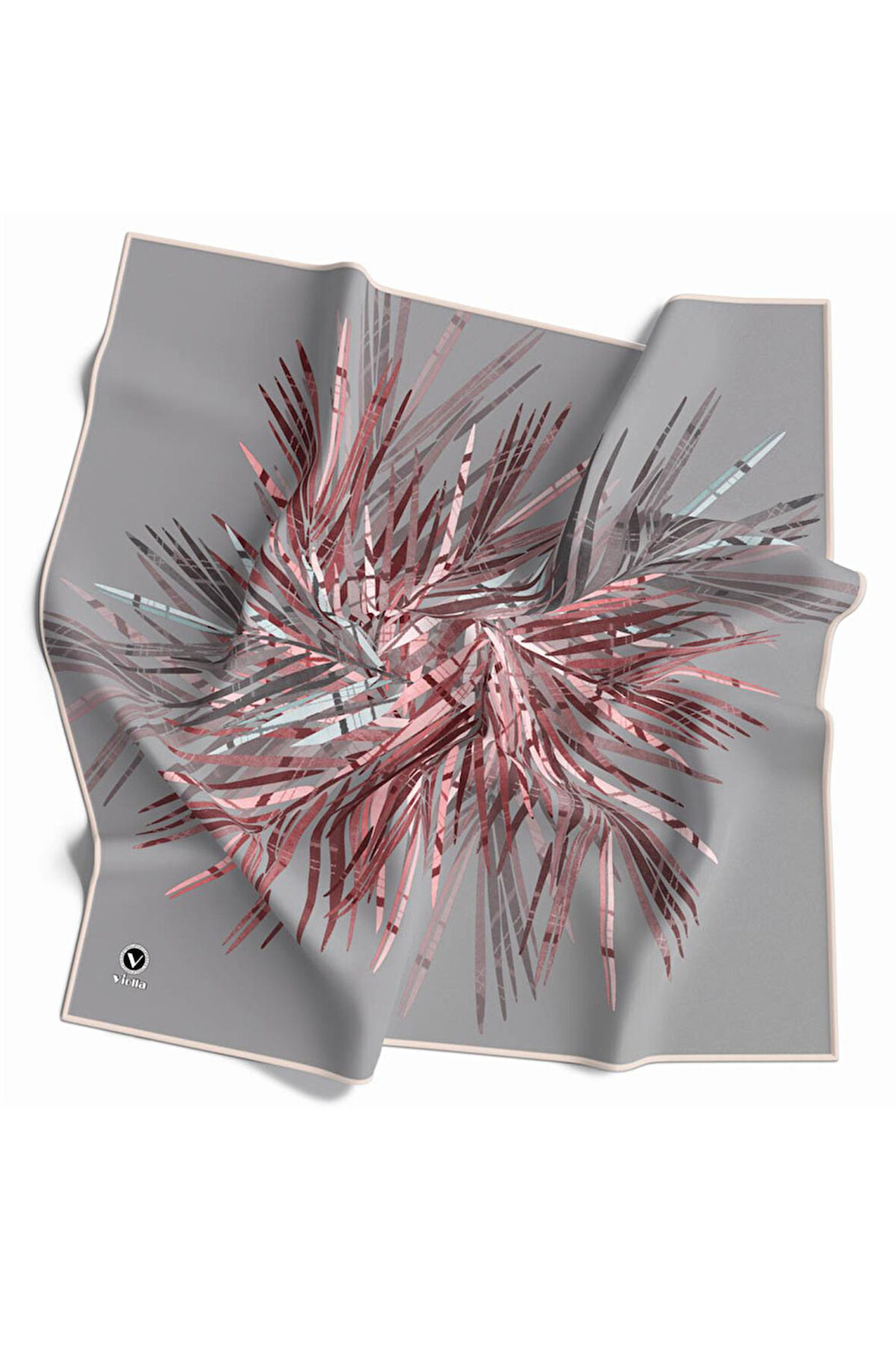 Twill Havai Fişek Desenli Gri - Pudra Renkli 90x90 Eşarp (İpek İçermez) Kenar Dikiş Şekli El Dikişli