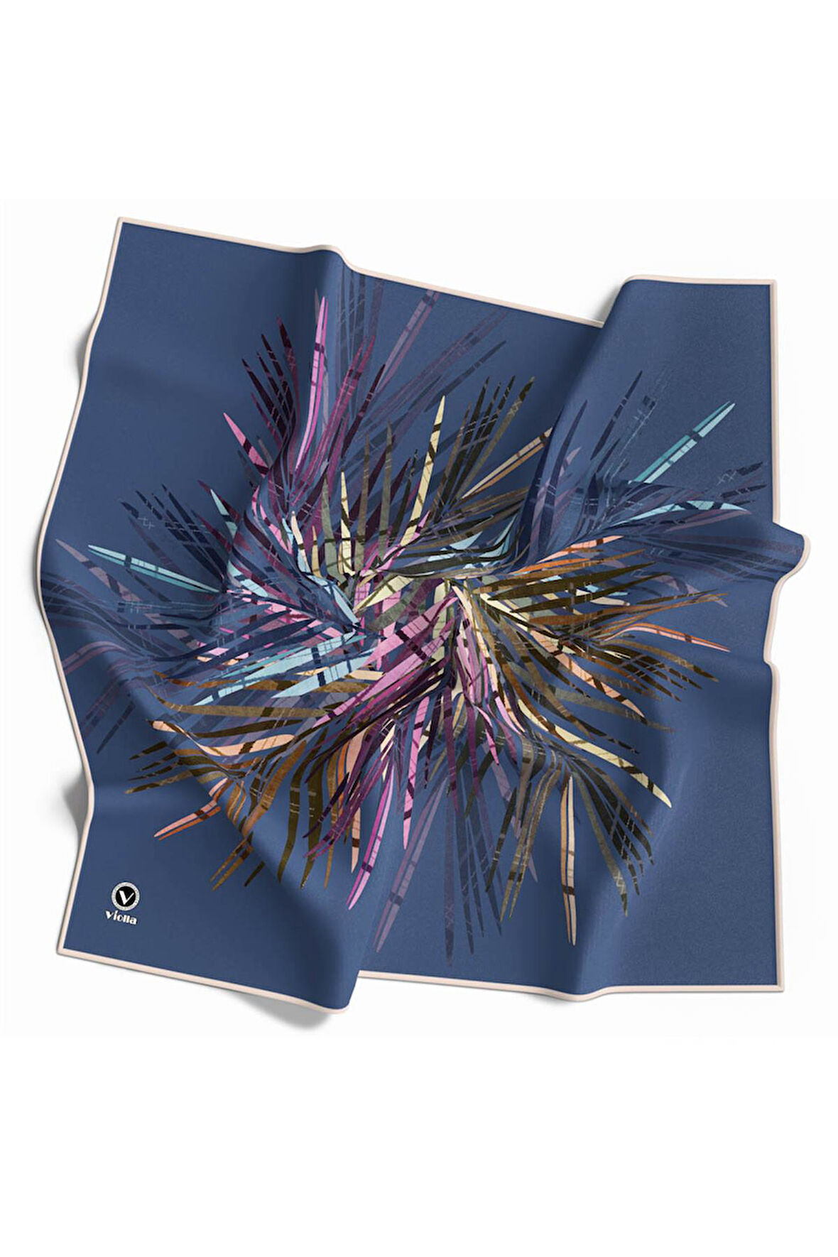 Twill Havai Fişek Desenli İndigo Renkli 90x90 Eşarp (İpek İçermez) Kenar Dikiş Şekli El Dikişli