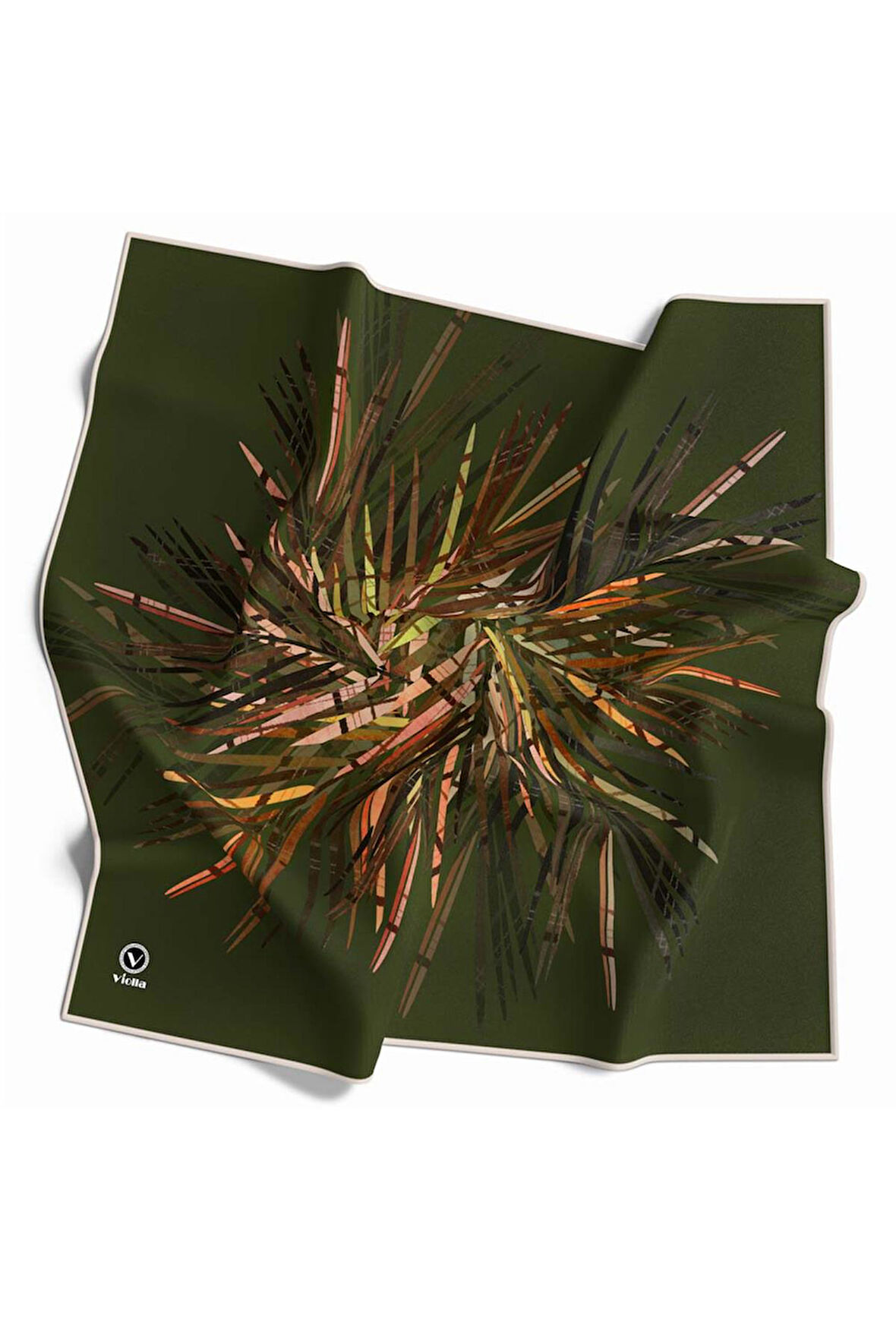 Twill Havai Fişek Desenli Haki Renkli 90x90 Eşarp (İpek İçermez) Kenar Dikiş Şekli El Dikişli