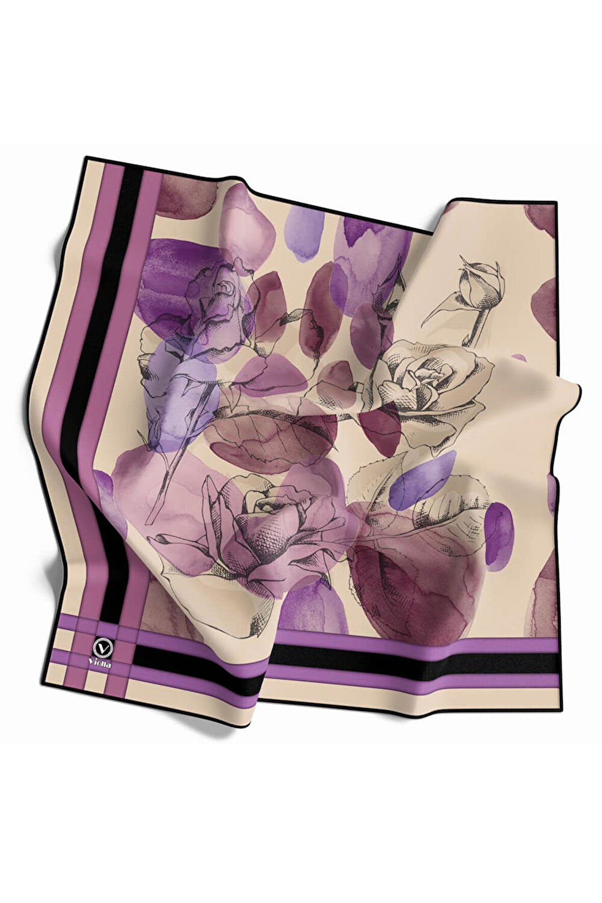 Soft Çiçek Desenli Lila Renkli 90x90 Eşarp (İpek İçermez) Kenar Dikiş Şekli El Dikişli