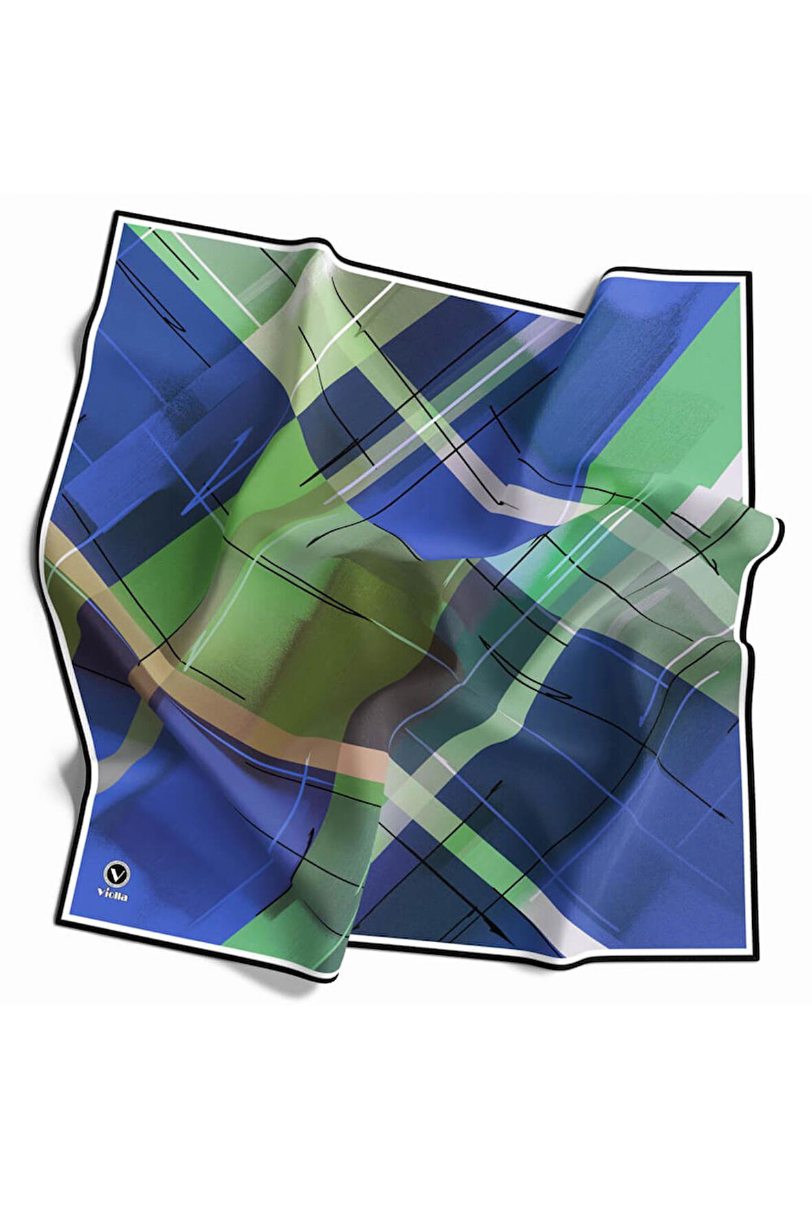 Kristal Ekose Desenli Saks Renkli 90x90 Eşarp (İpek İçermez) Kenar Dikiş Şekli El Dikişli