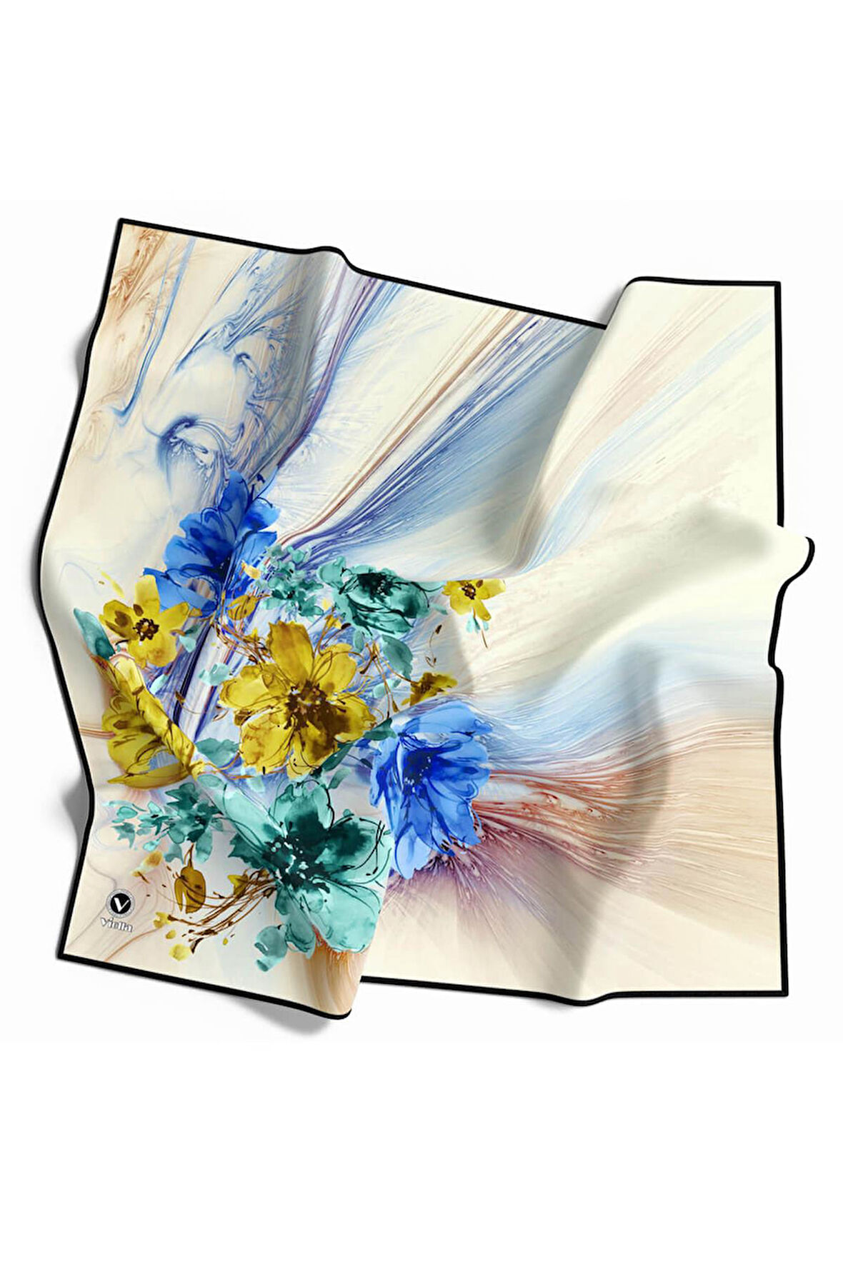 Twill Çiçek Desenli Siyah Renkli 90x90 Eşarp (İpek İçermez) Kenar Dikiş Şekli El Dikişli