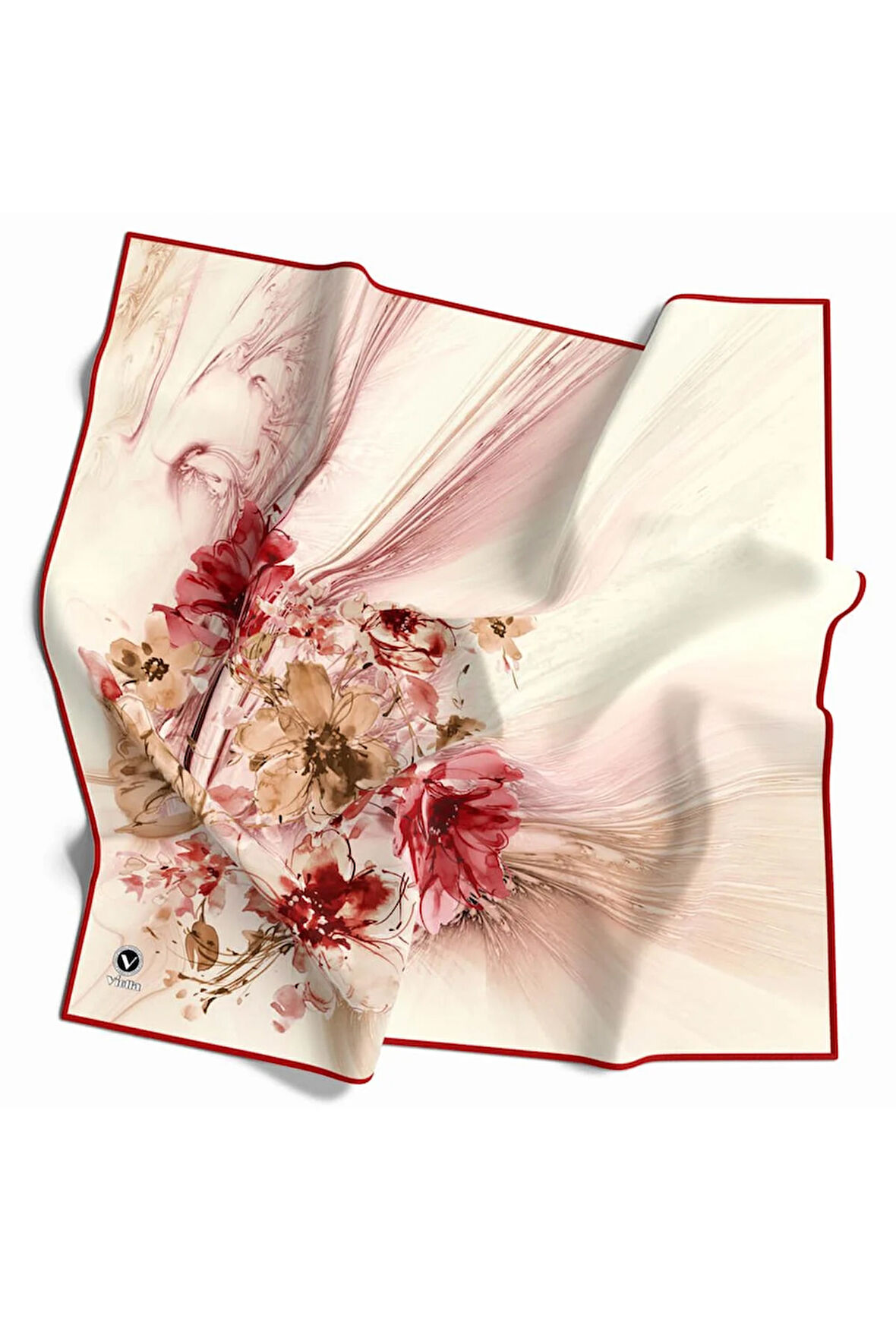 Twill Çiçek Desenli Bordo Renkli 90x90 Eşarp (İpek İçermez) Kenar Dikiş Şekli El Dikişli