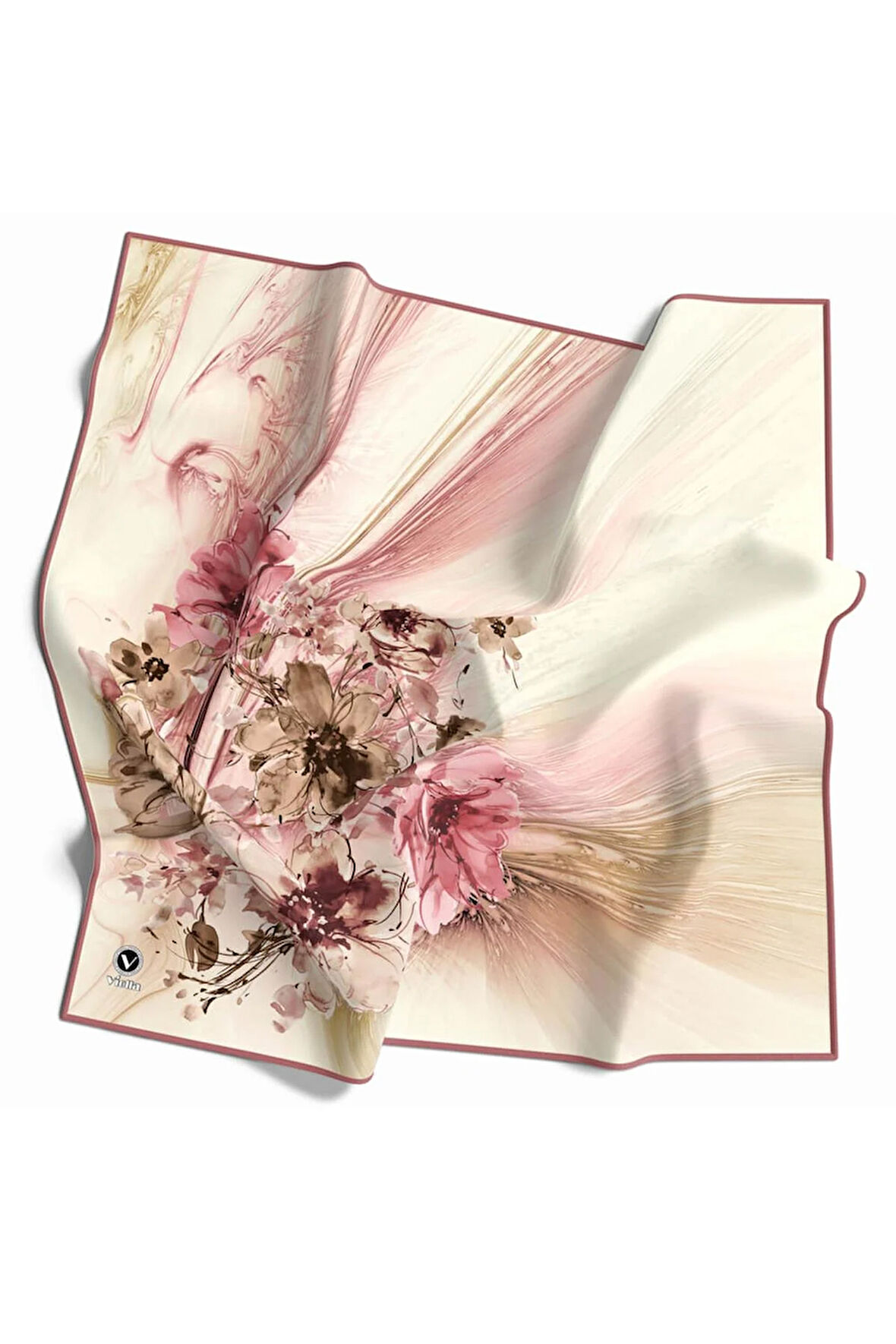 Twill Çiçek Desenli Pudra Renkli 90x90 Eşarp (İpek İçermez) Kenar Dikiş Şekli El Dikişli