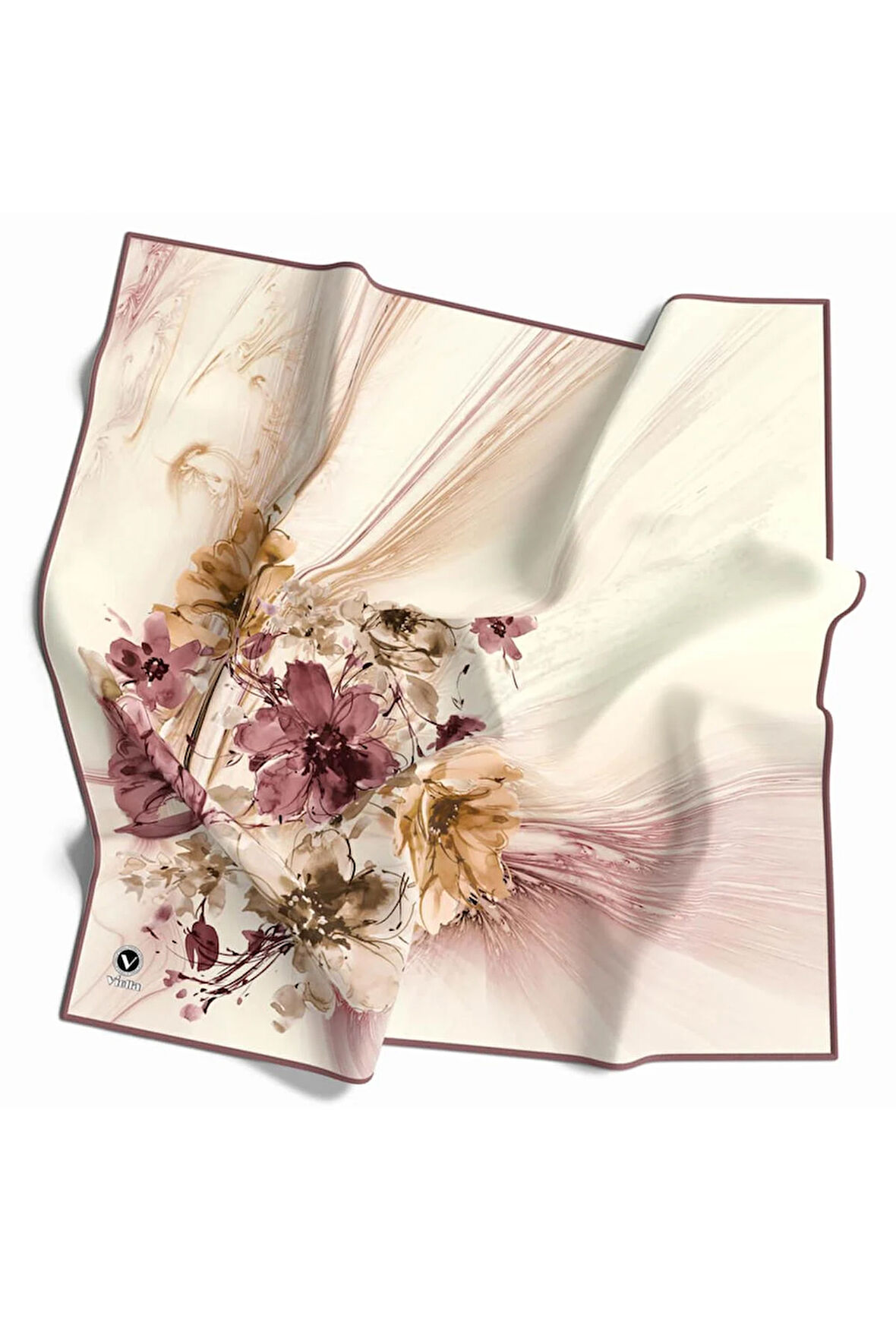 Twill Çiçek Desenli Gül Kurusu Renkli 90x90 Eşarp (İpek İçermez) Kenar Dikiş Şekli El Dikişli