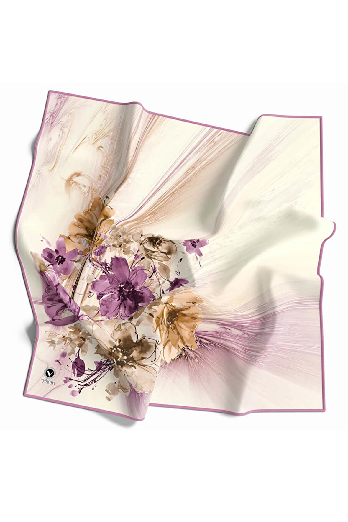 Twill Çiçek Desenli Lila Renkli 90x90 Eşarp (İpek İçermez) Kenar Dikiş Şekli El Dikişli