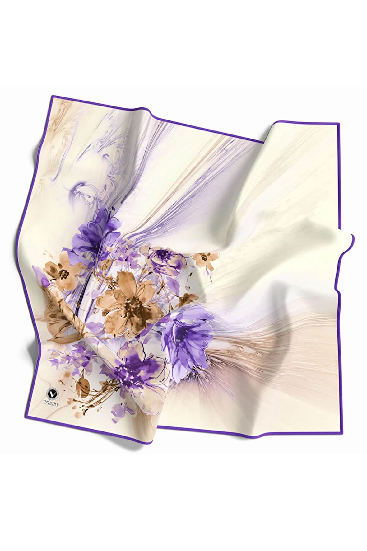 Twill Çiçek Desenli Mor Renkli 90x90 Eşarp (İpek İçermez) Kenar Dikiş Şekli El Dikişli