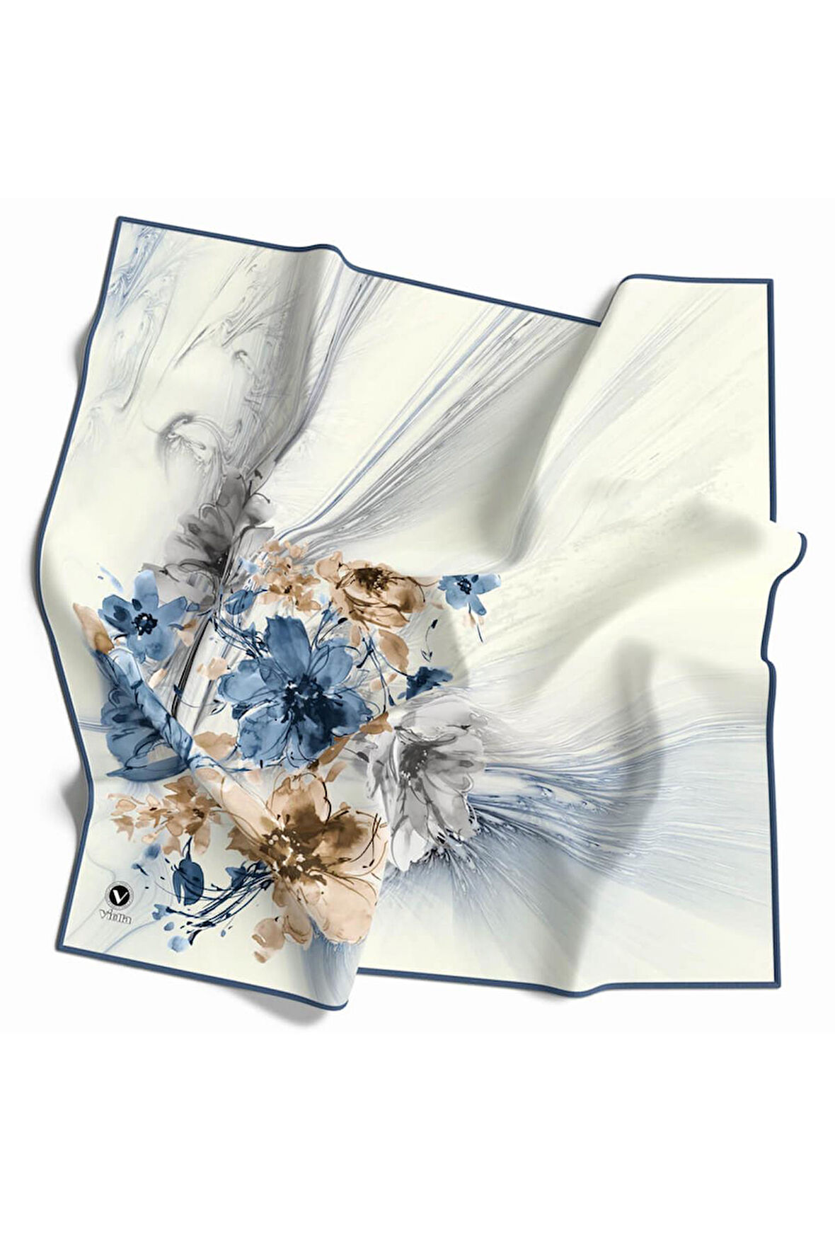 Twill Çiçek Desenli İndigo Renkli 90x90 Eşarp (İpek İçermez) Kenar Dikiş Şekli El Dikişli