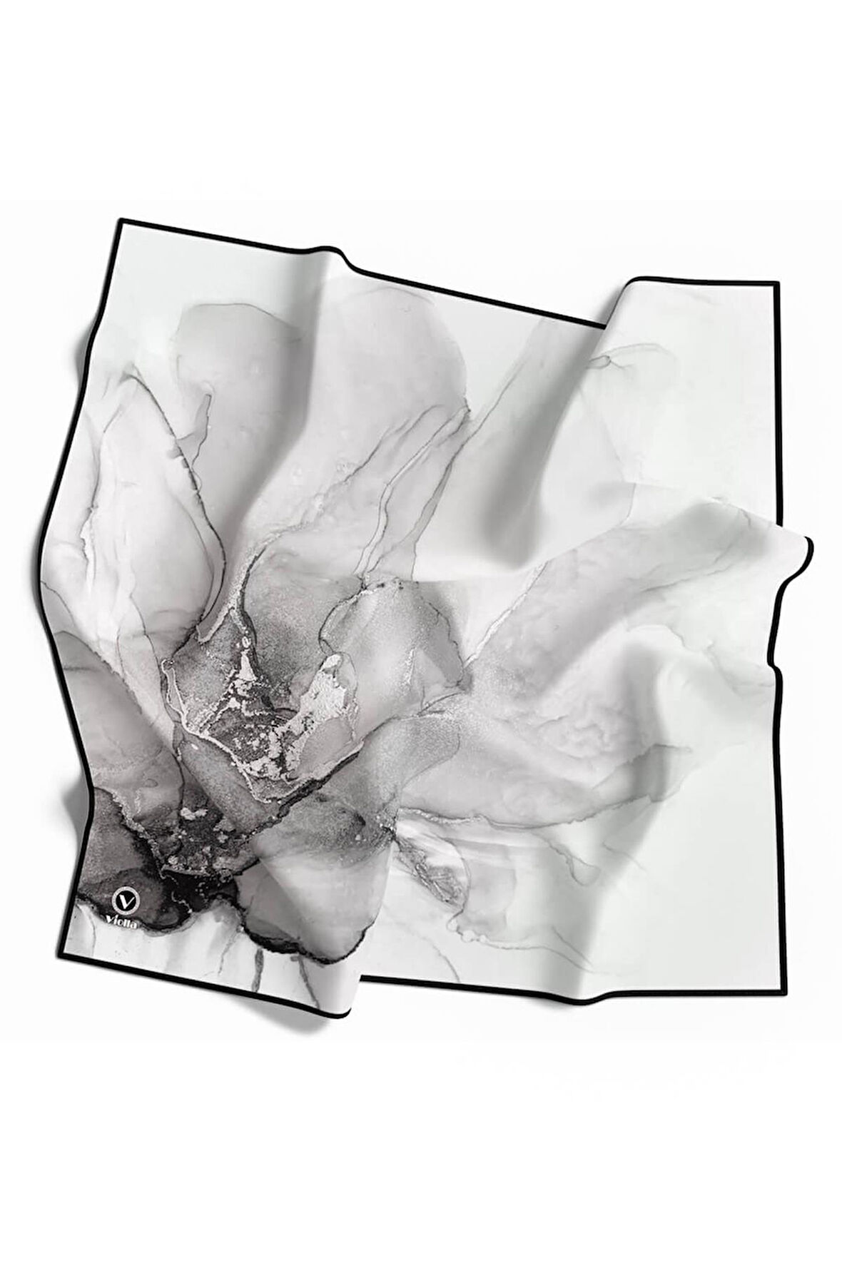 Twill Batik Desenli Gri Renkli 90x90 Eşarp (İpek İçermez) Kenar Dikiş Şekli El Dikişli