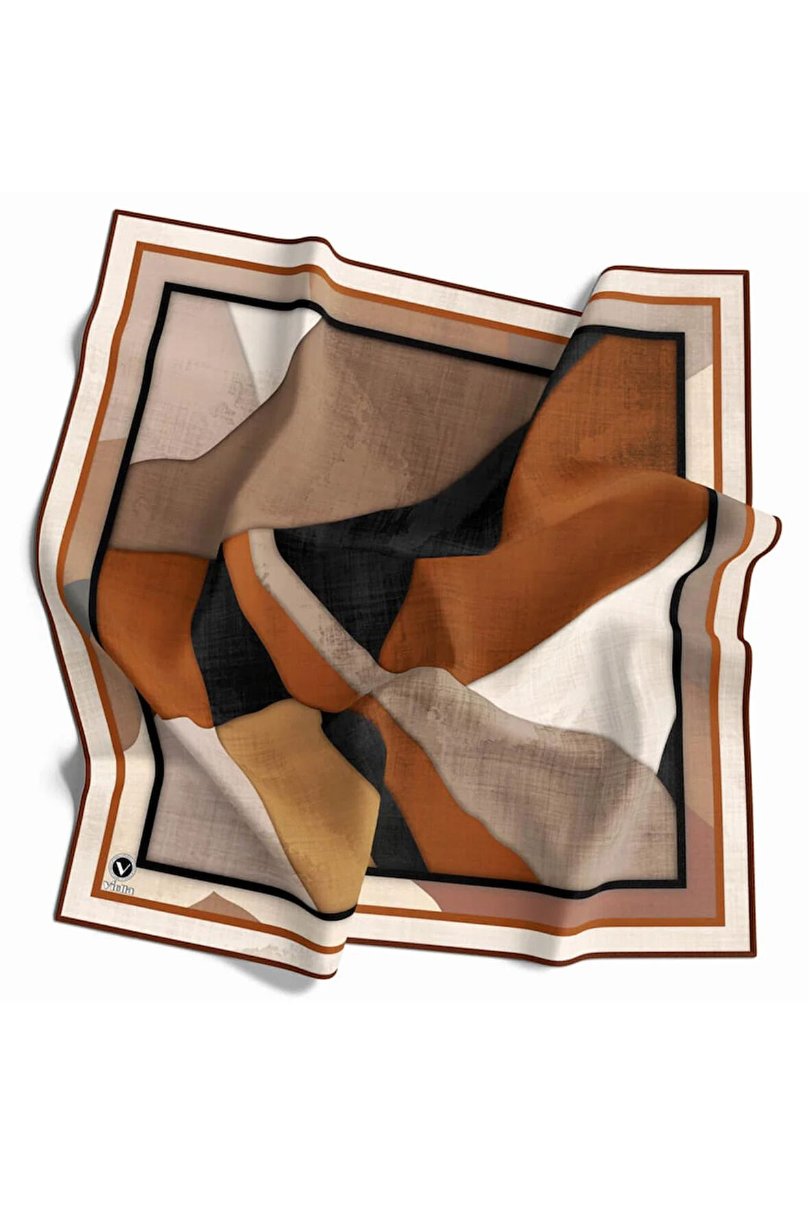 Twill Geometrik Desenli Taba Renkli 90x90 Eşarp (İpek İçermez) Kenar Dikiş Şekli El Dikişli