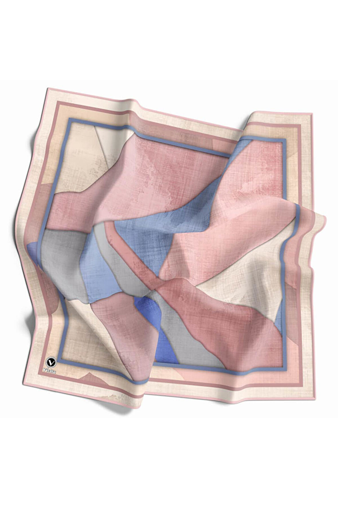 Twill Geometrik Desenli Pudra Renkli 90x90 Eşarp (İpek İçermez) Kenar Dikiş Şekli El Dikişli