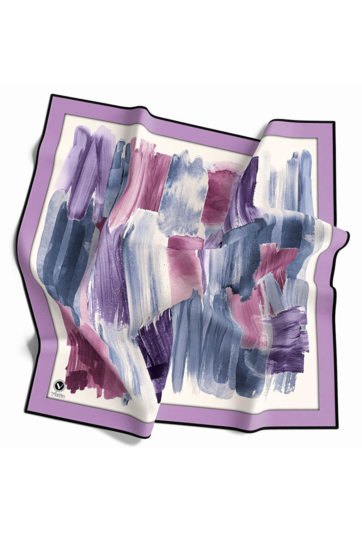 Twill Fırça Darbesi Desenli Lila Renkli 90x90 Eşarp (İpek İçermez) Kenar Dikiş Şekli El Dikişli
